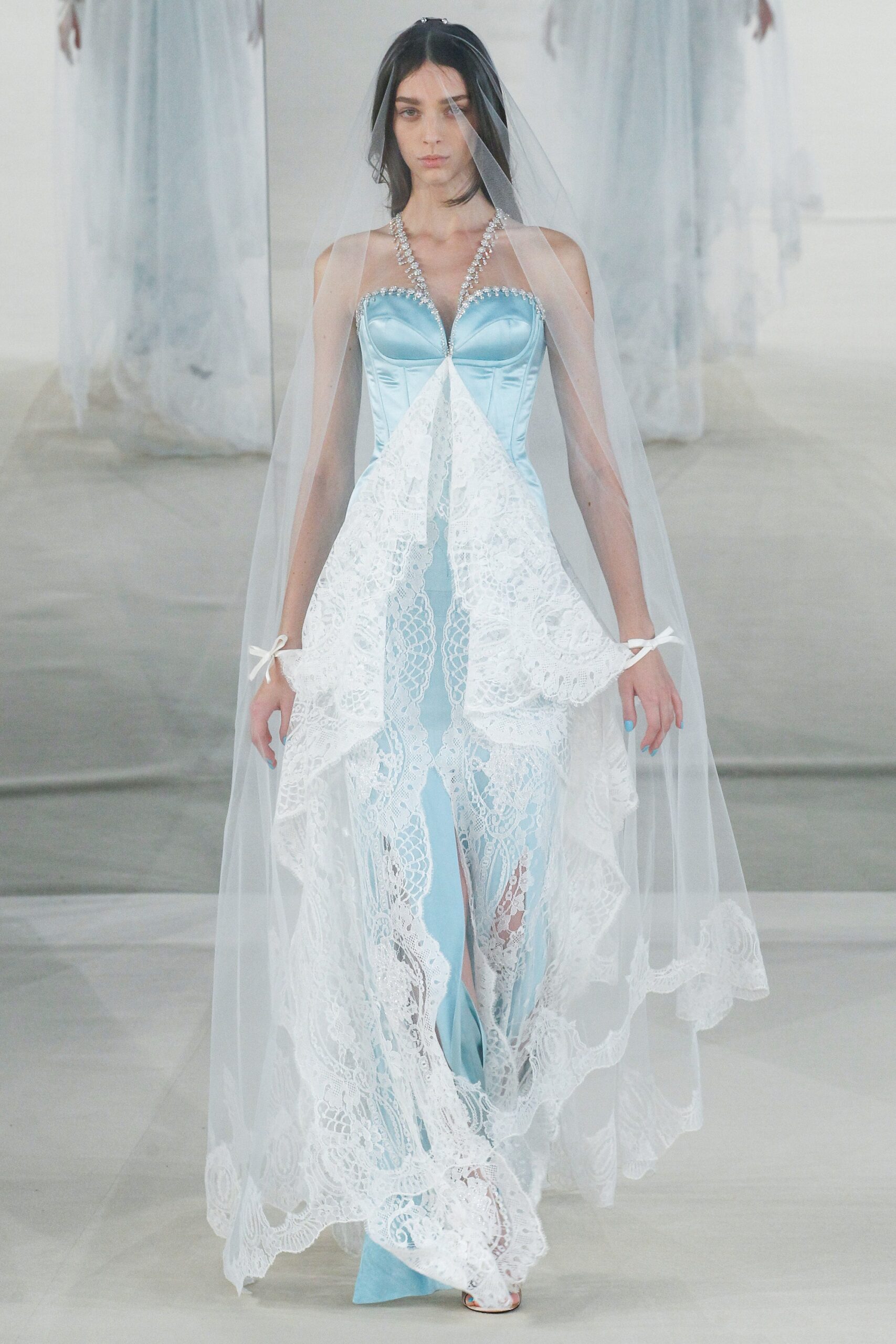 blue silk gown with lace veil