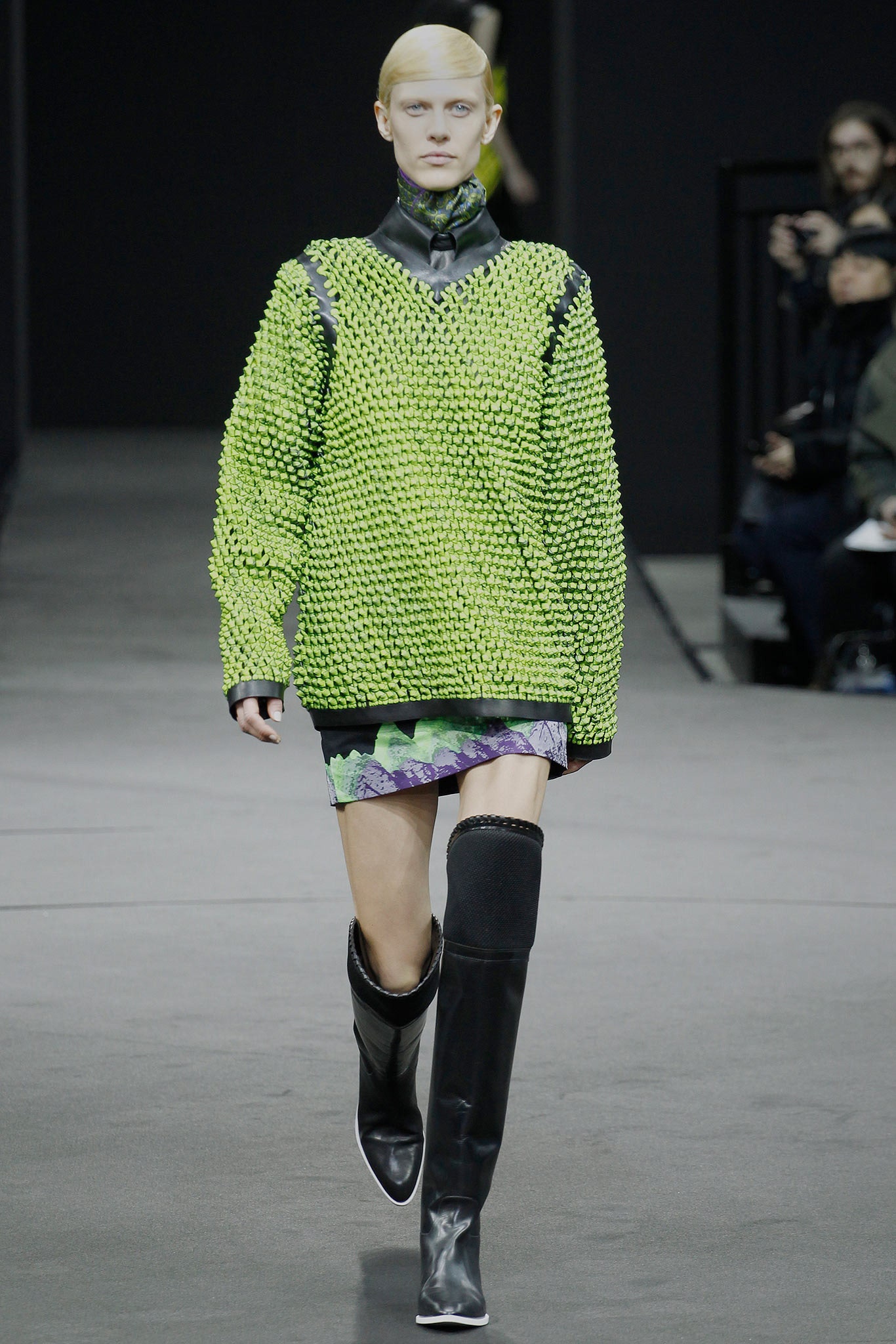 green cotton long-sleeve high-neck oversized textured sweater