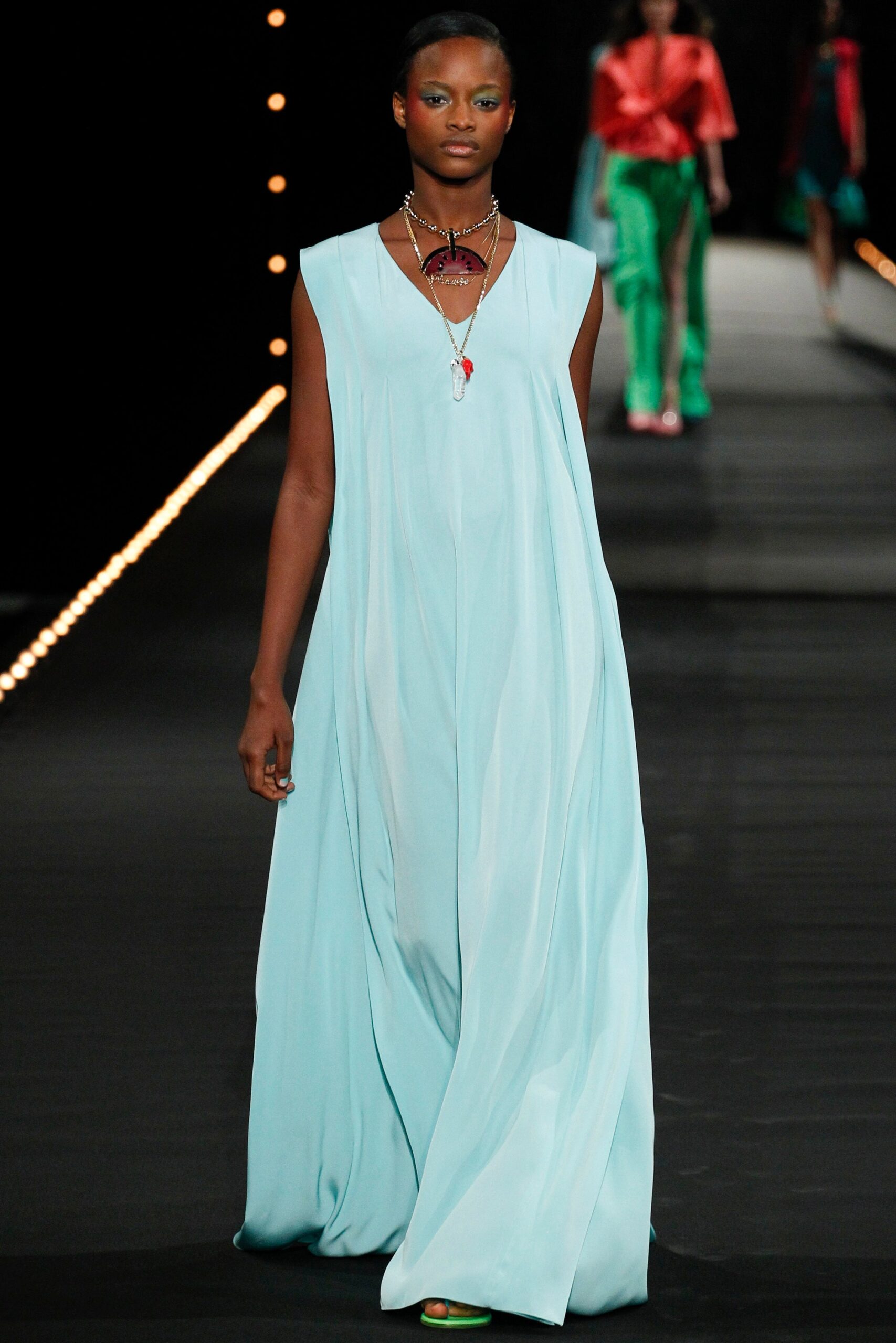 blue silk sleeveless dress