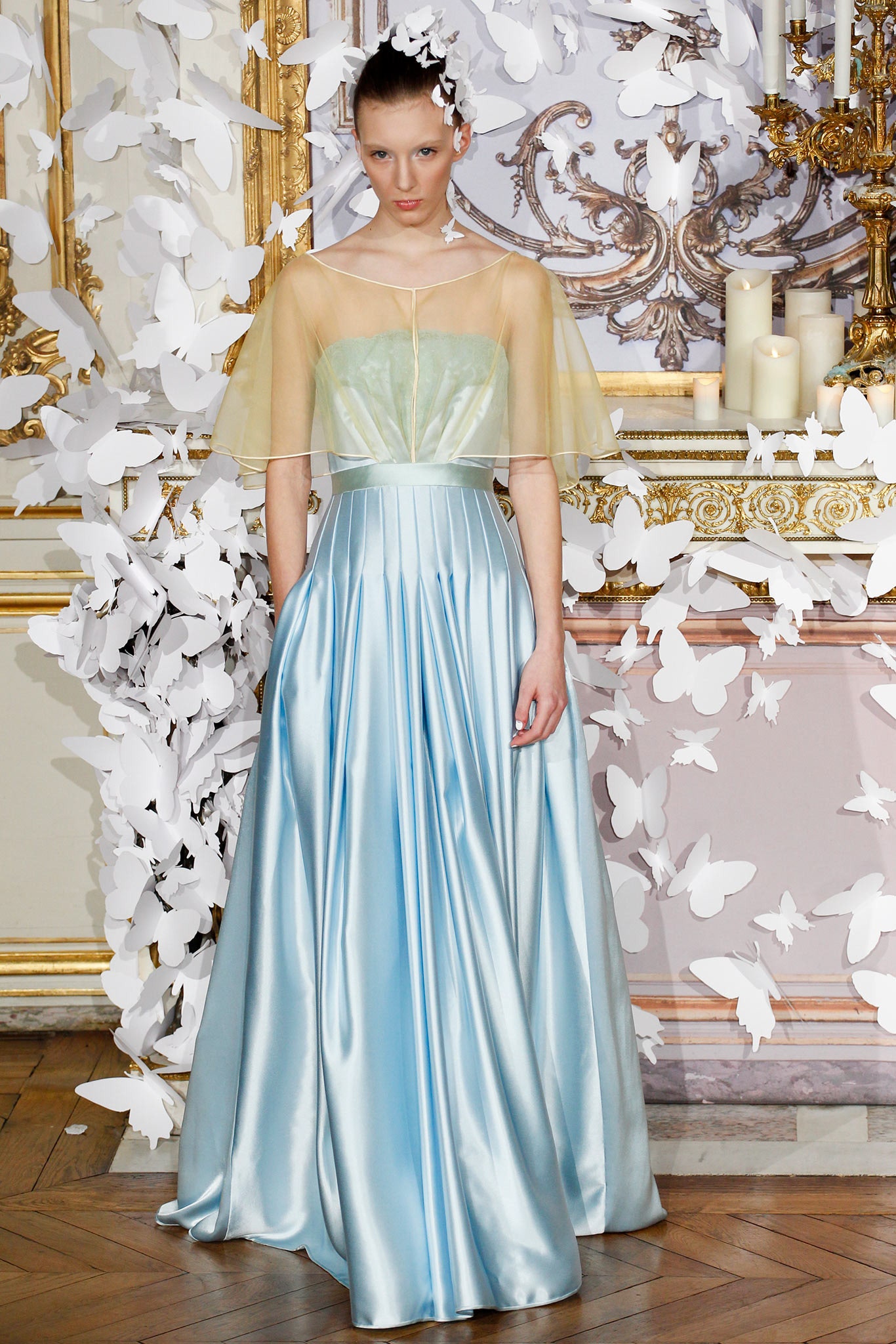blue silk pleated gown