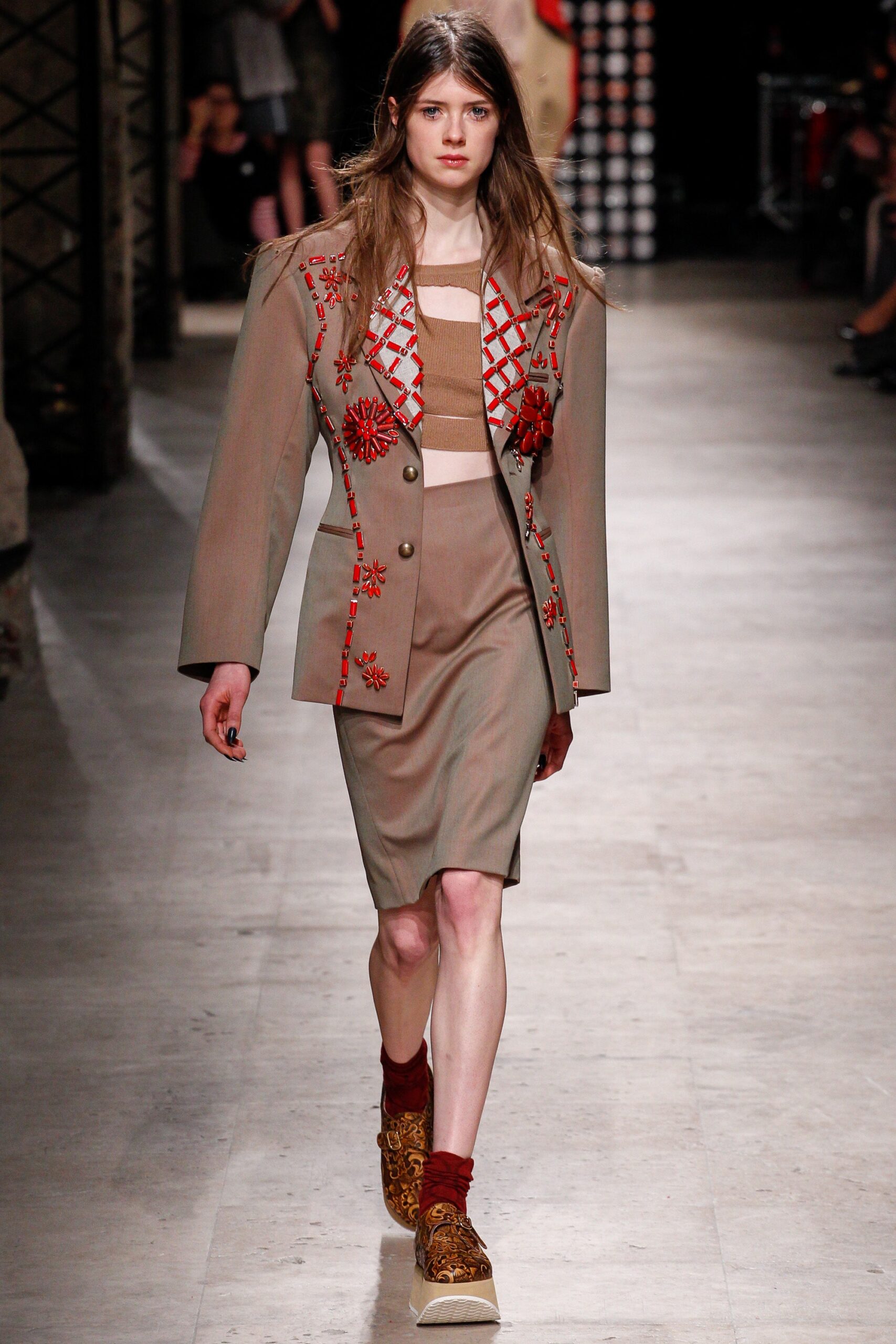 beige cotton long-sleeve collared tailored embroidered buttoned blazer