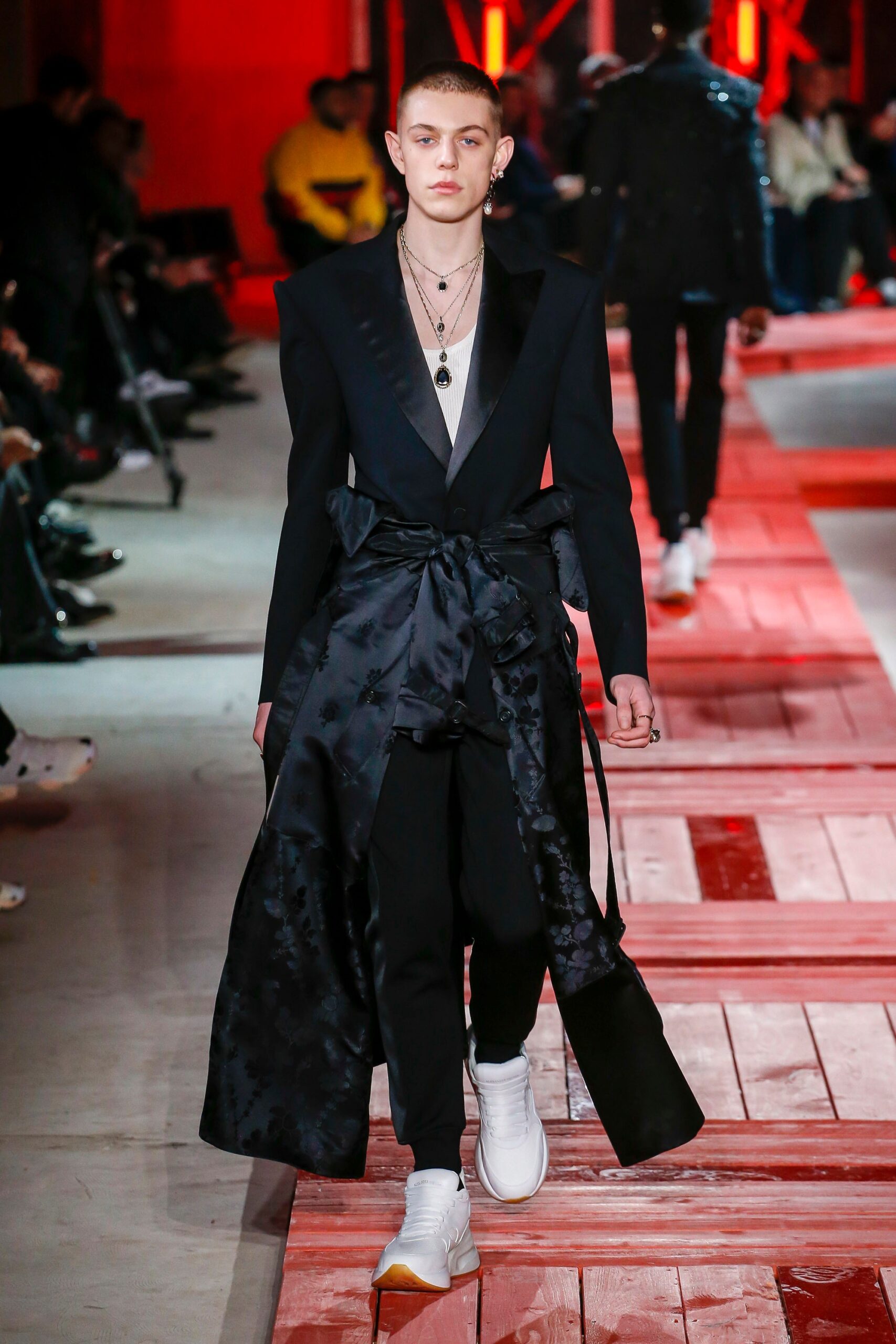 black silk long-sleeve collared fitted belted draped coat
