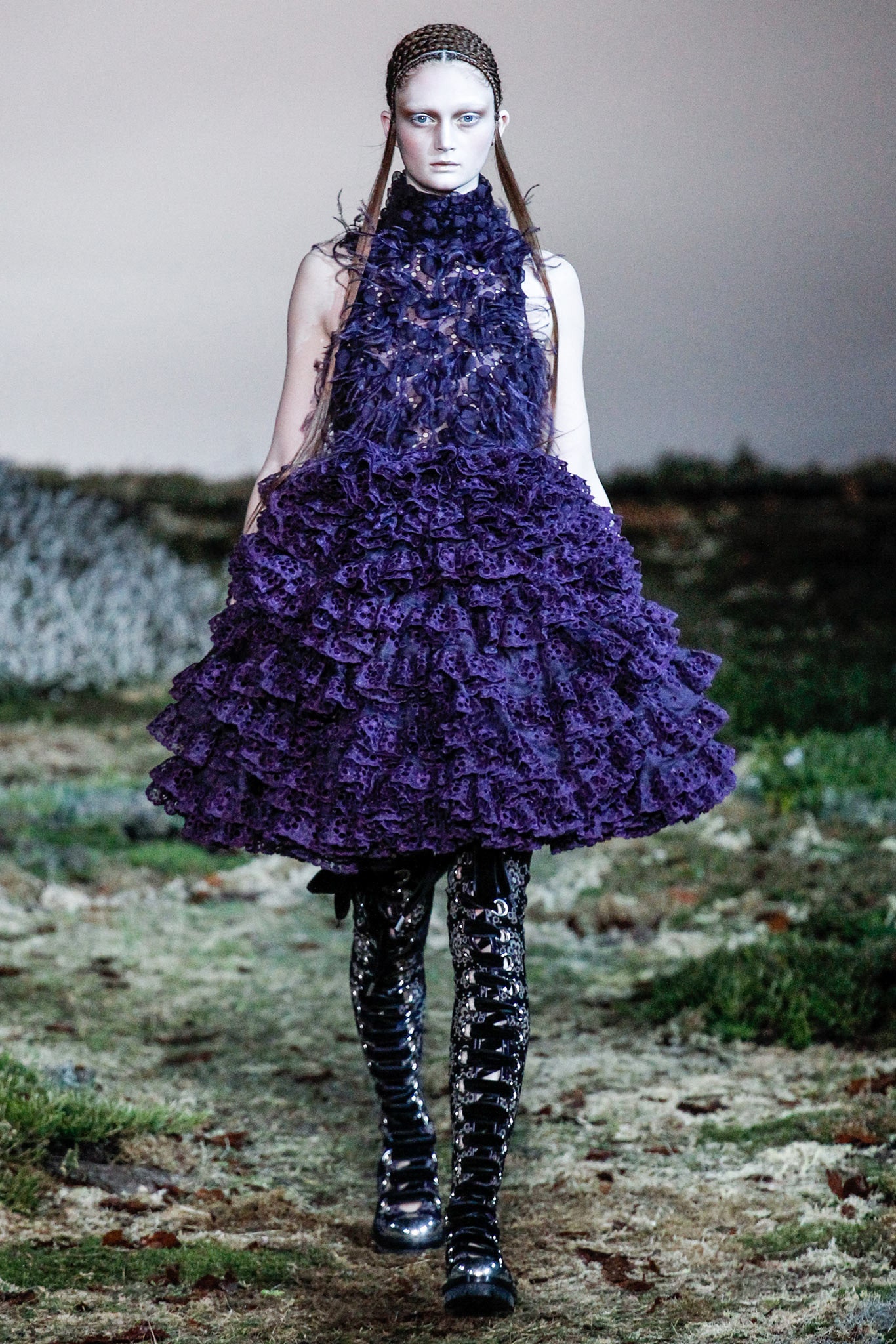 purple ruffled mini dress with black boots