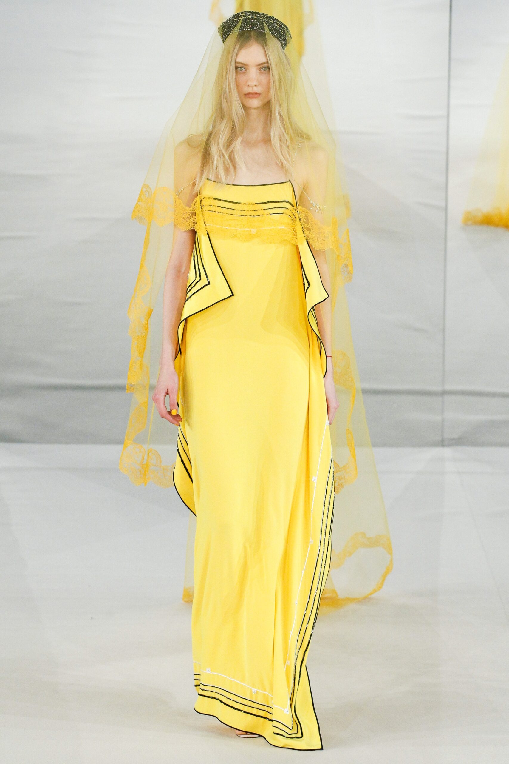 yellow silk sleeveless v-neck fitted draped layered gown