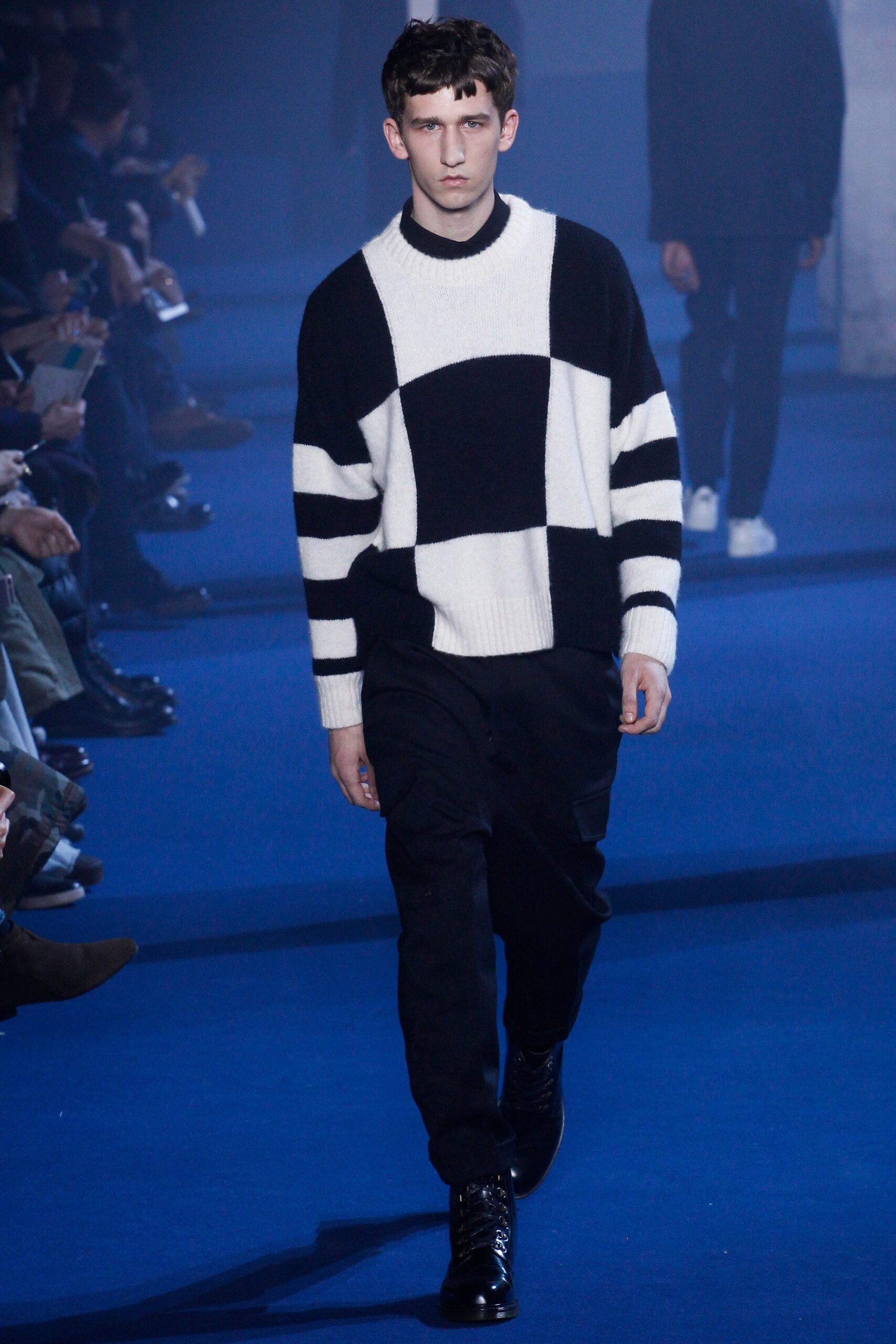 black wool long-sleeve collared fitted color-blocked sweater