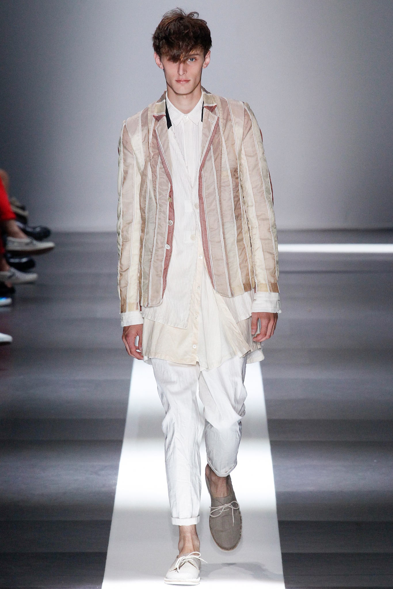 beige striped jacket with white shirt and pants
