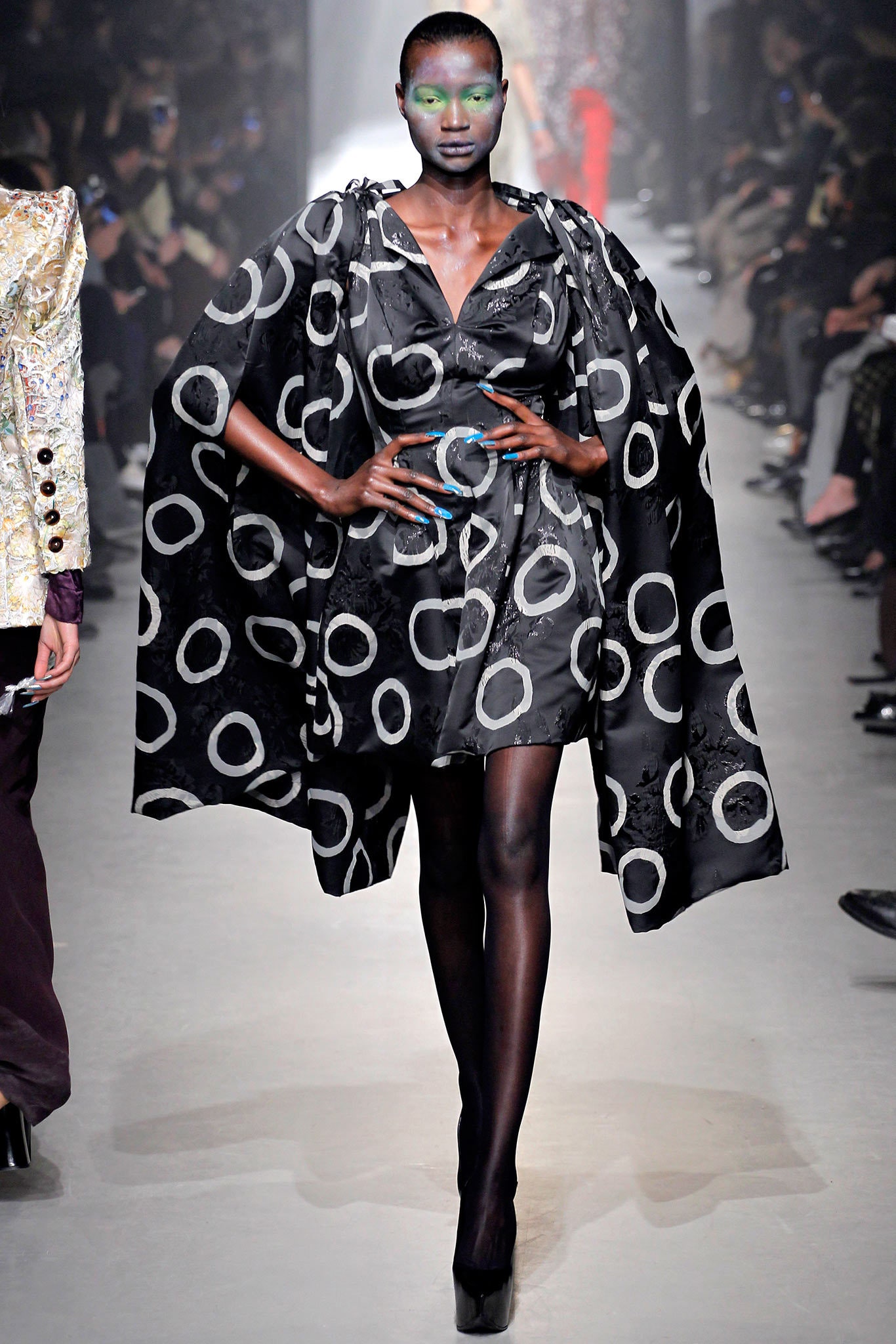 black silk long-sleeve collared fitted printed a-line dress