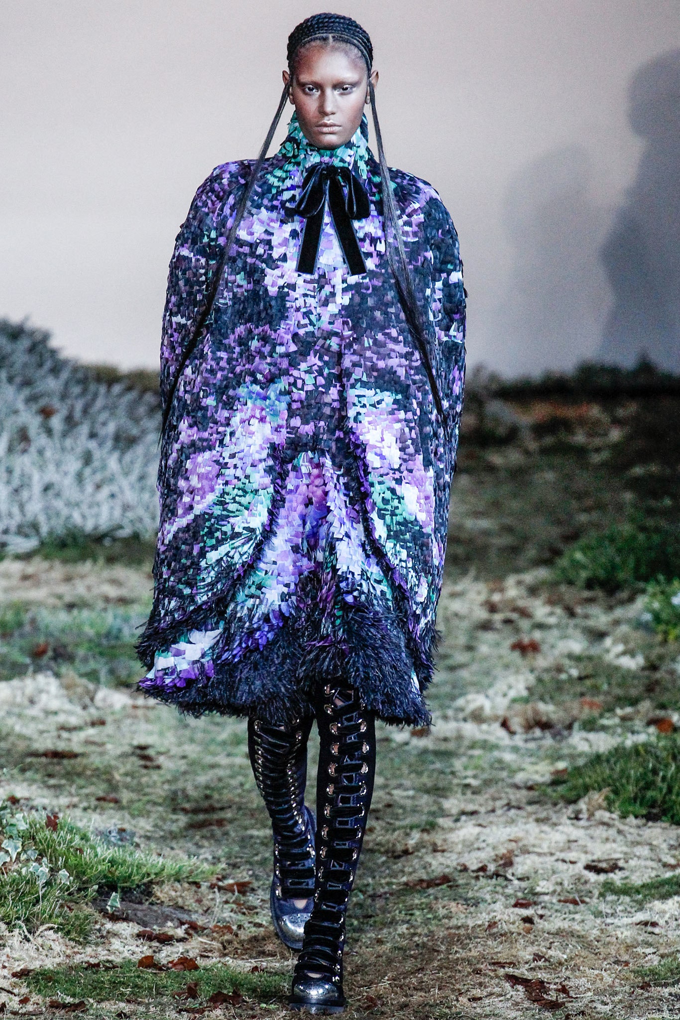 purple silk sleeveless high-neck relaxed layered fringed cape