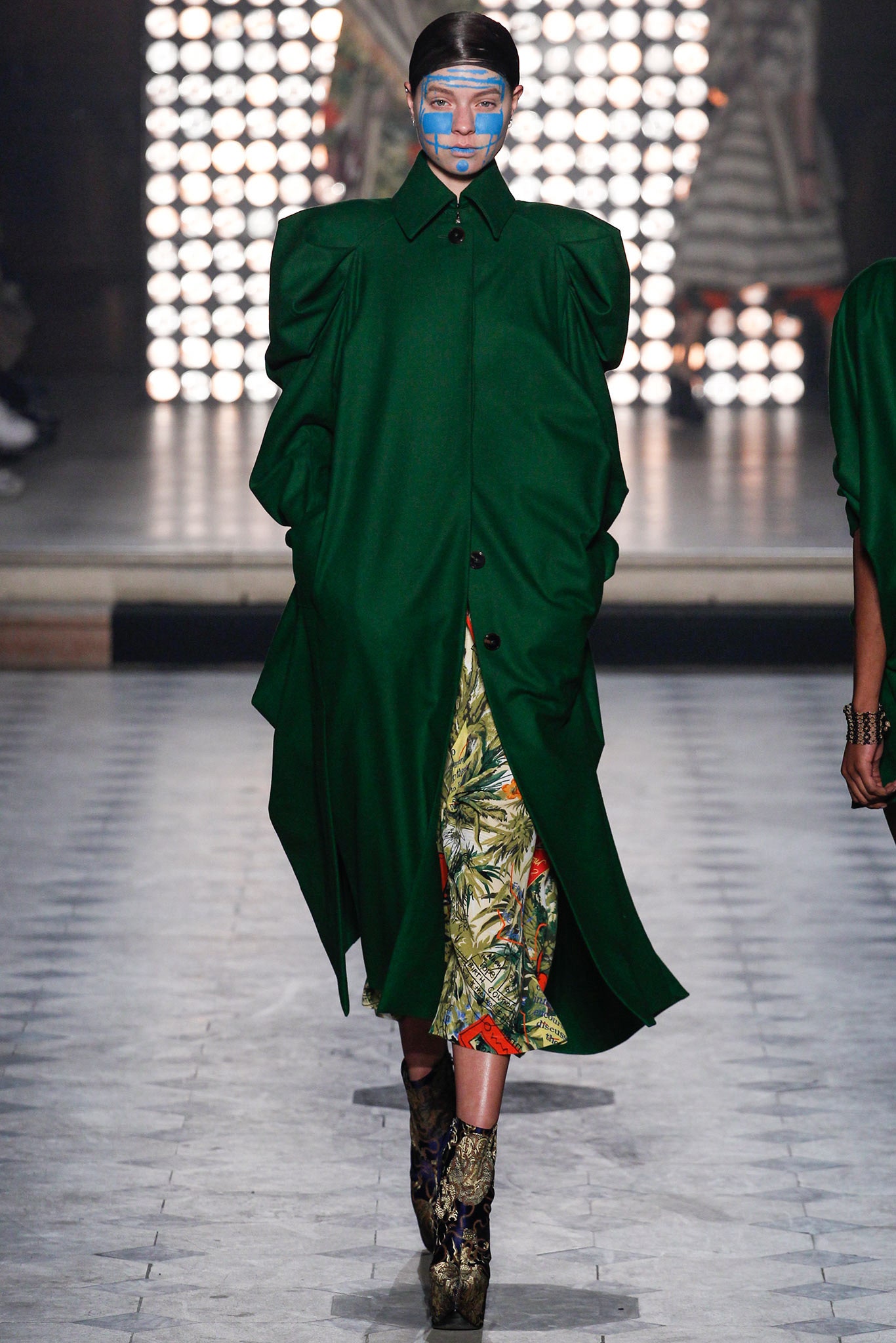 oversized green coat with multi dress