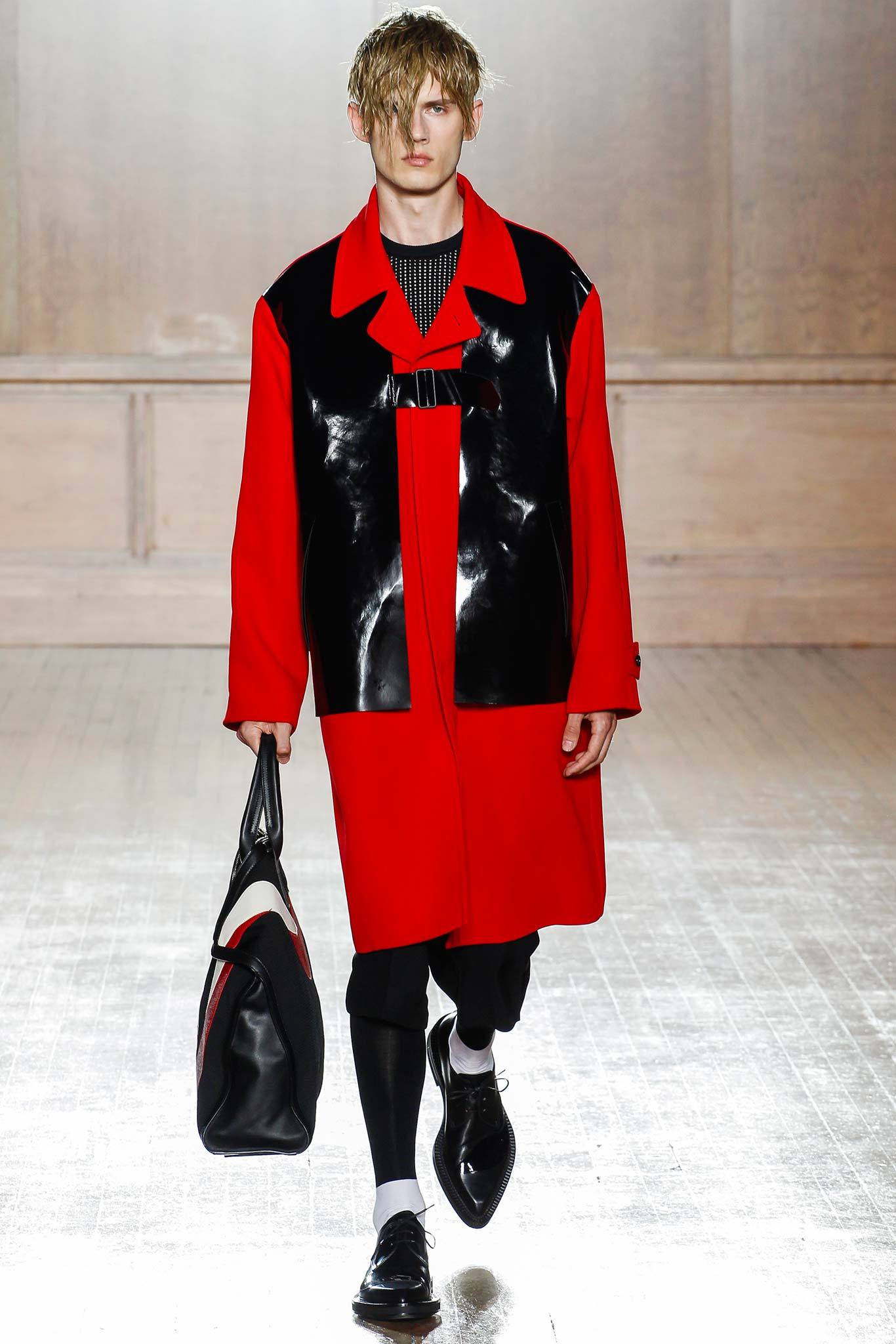 red vinyl long-sleeve collared oversized zippered shiny coat