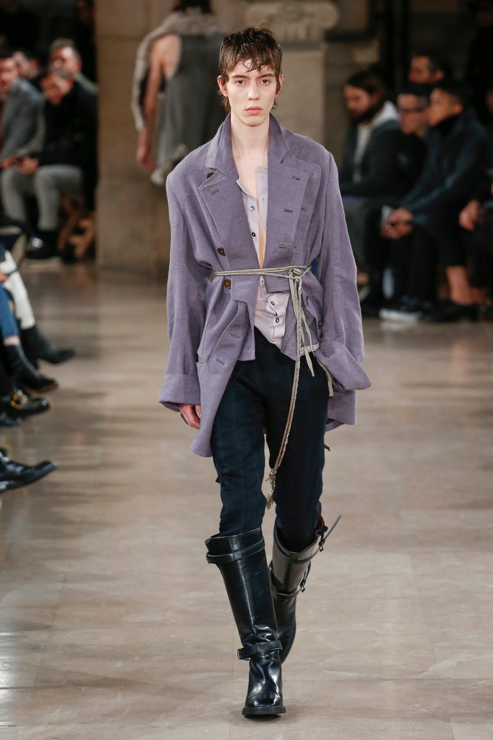 purple relaxed jacket with gray shirt