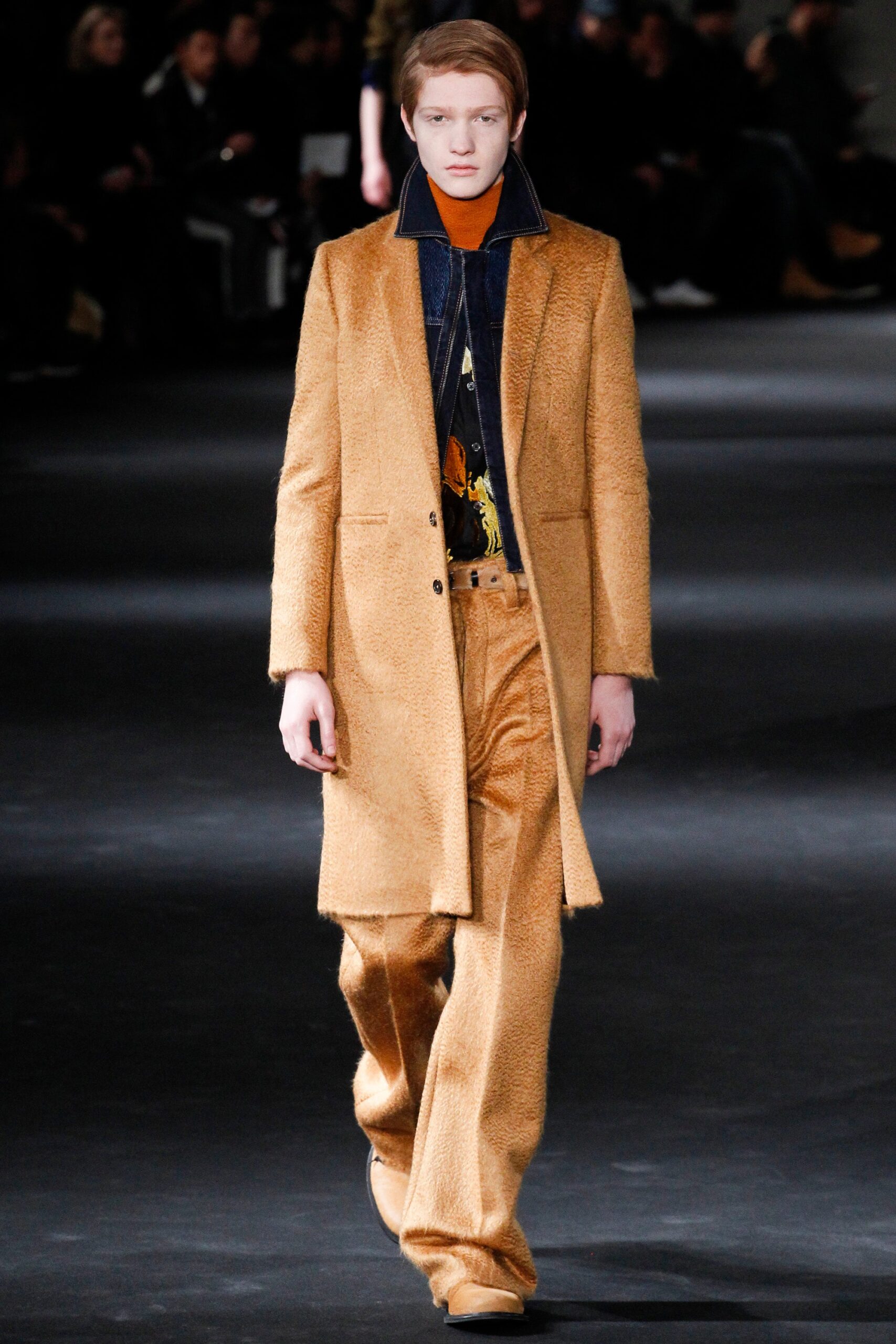 brown wool coat with blue shirt