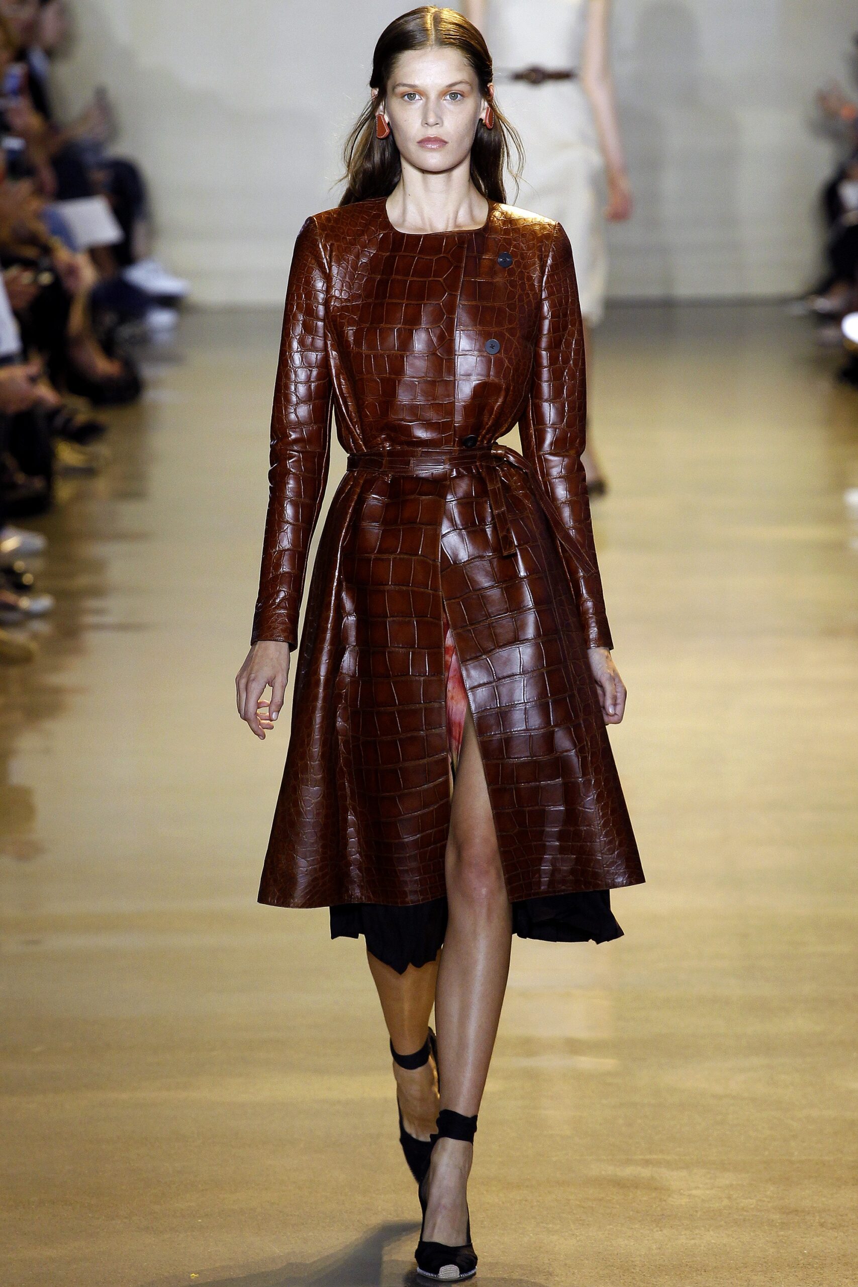 brown leather long-sleeve dress