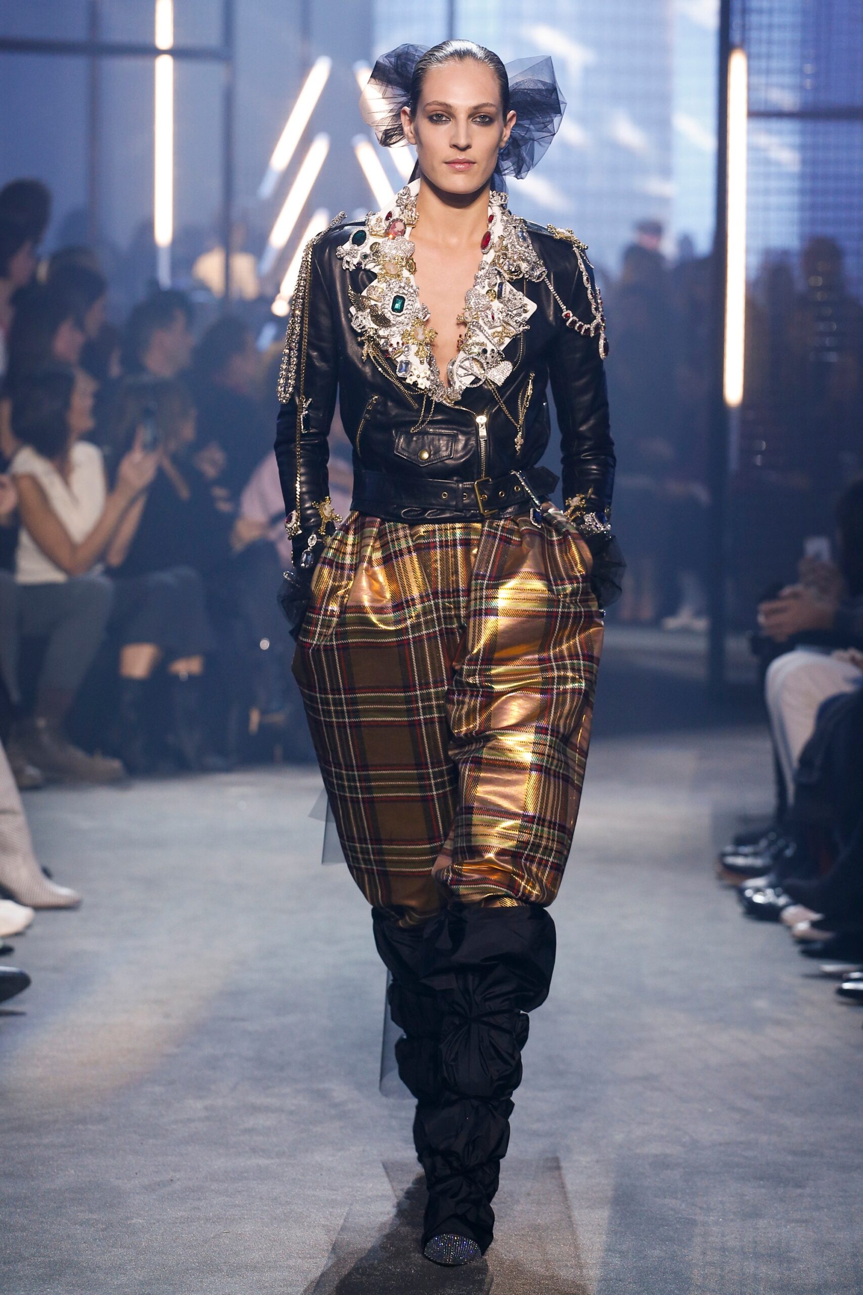 gold silk relaxed checked wide-leg pants