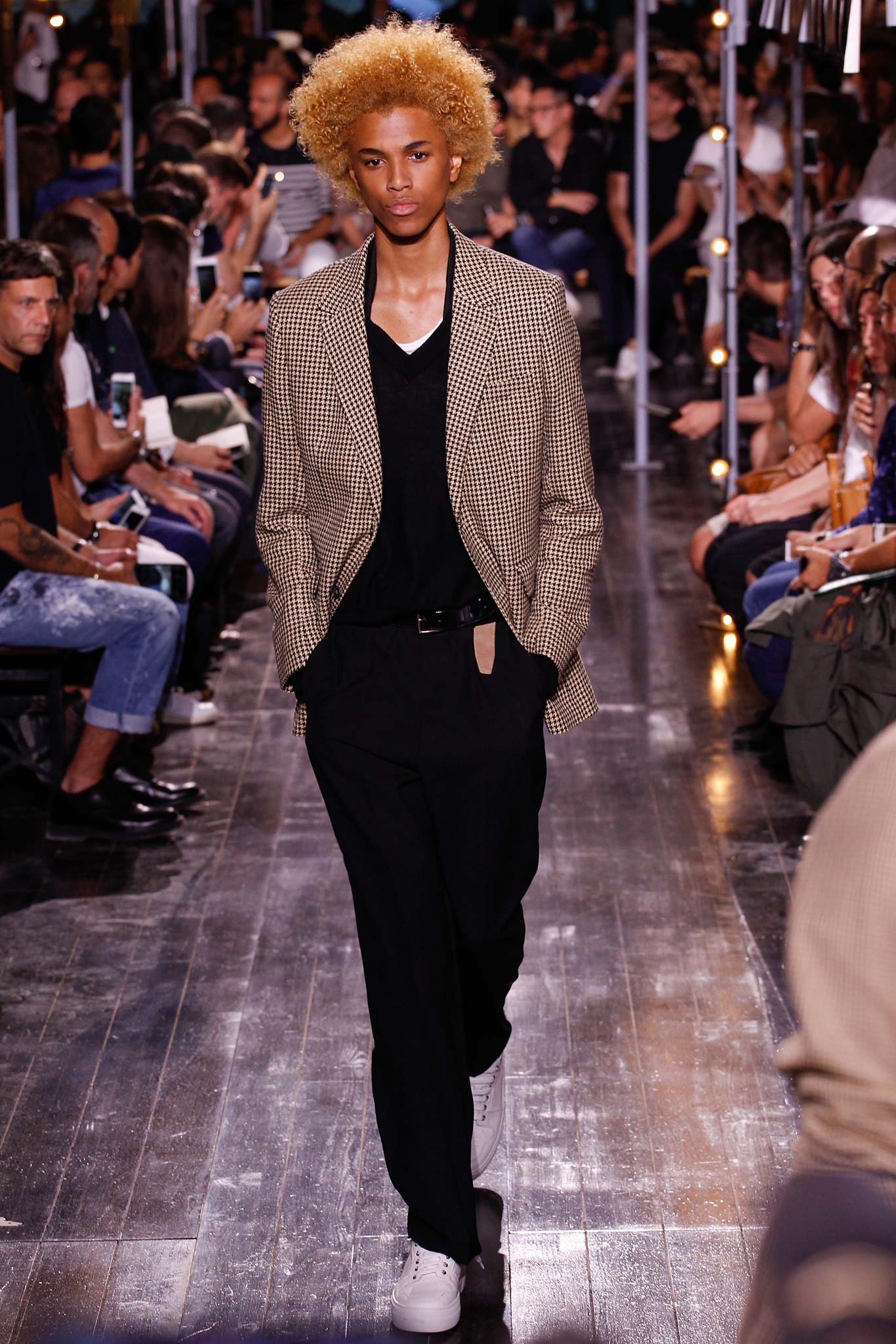 beige checked blazer with black shirt