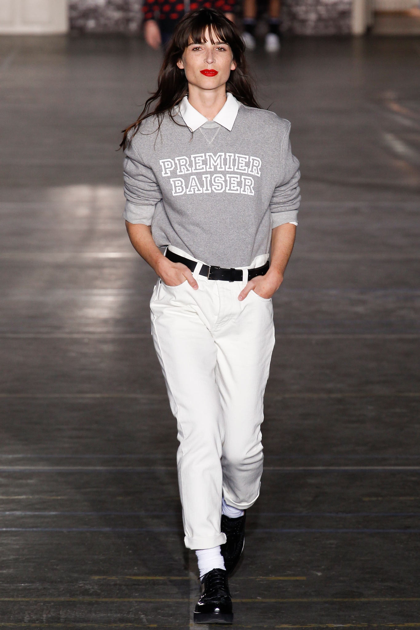 gray relaxed sweater with white pants