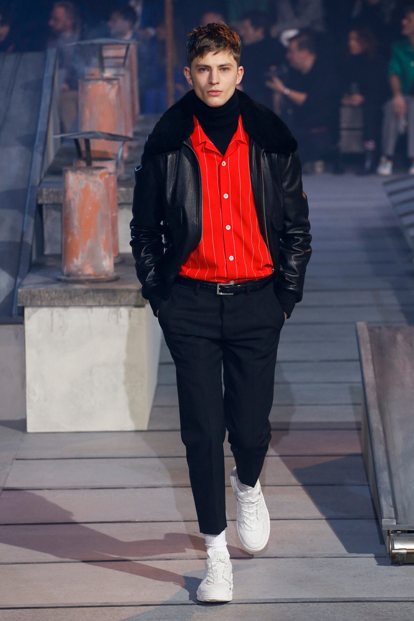 black leather jacket red shirt