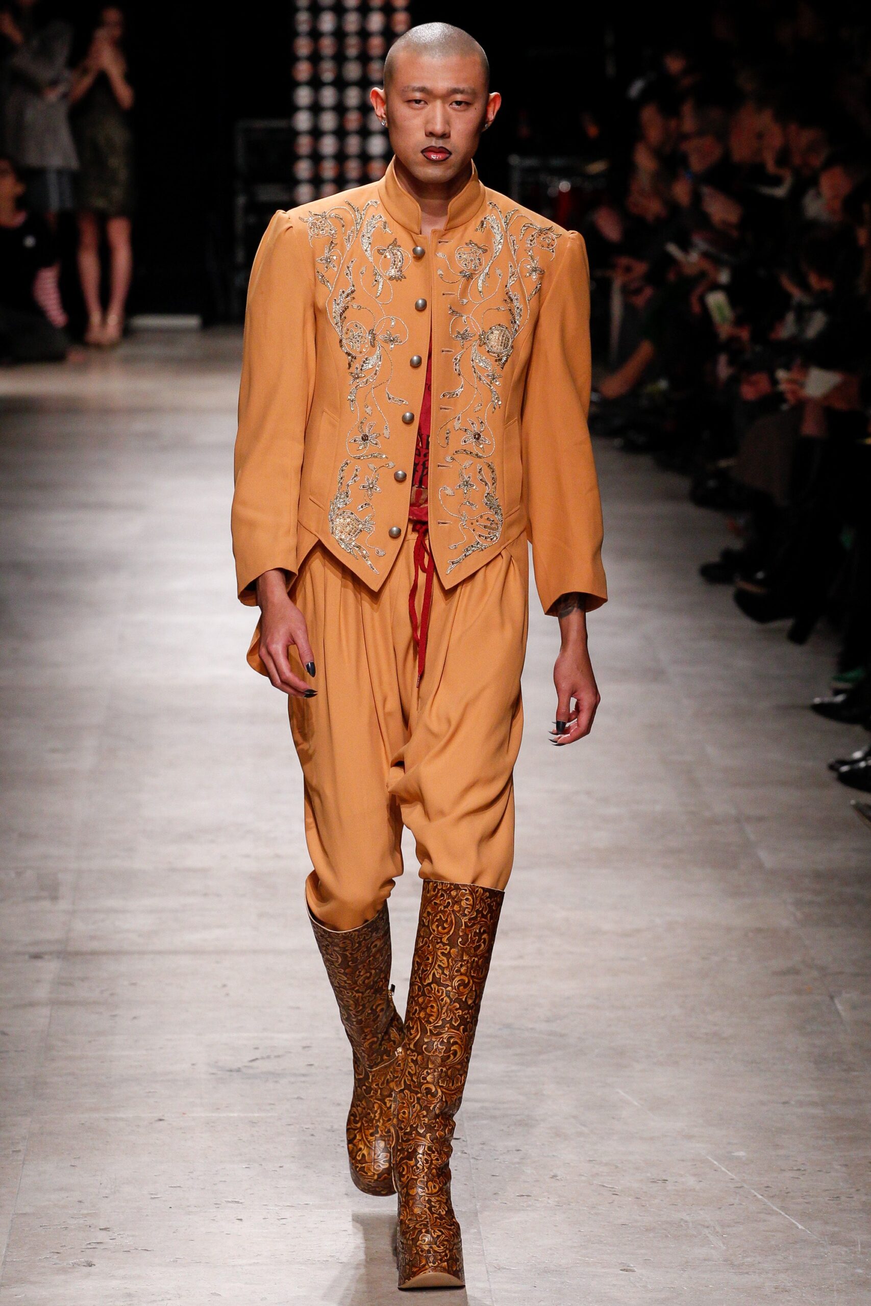 orange silk long-sleeve collared fitted embroidered jacket