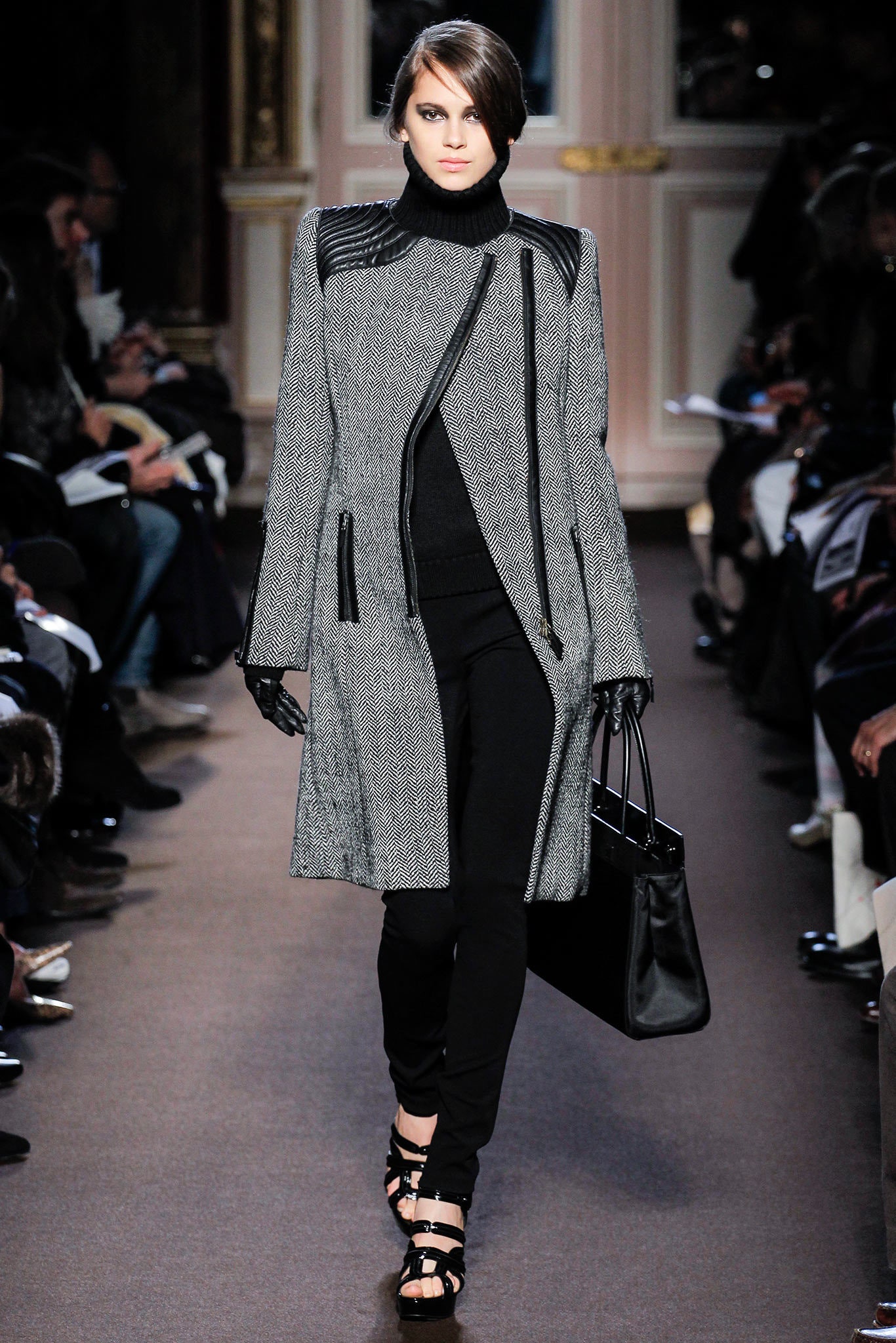 gray wool long-sleeve collared fitted structured zippered coat