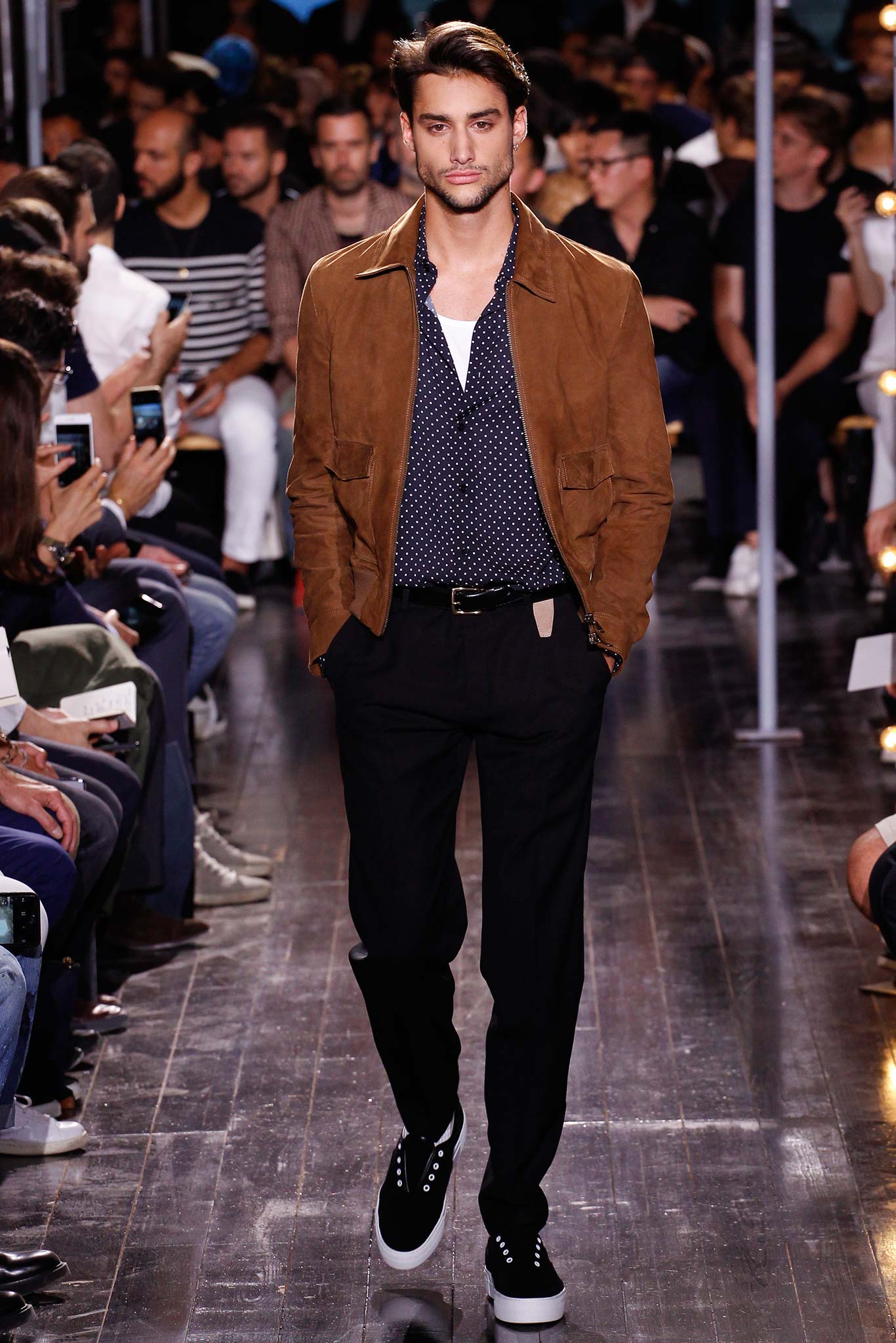 brown suede jacket with polka-dot shirt