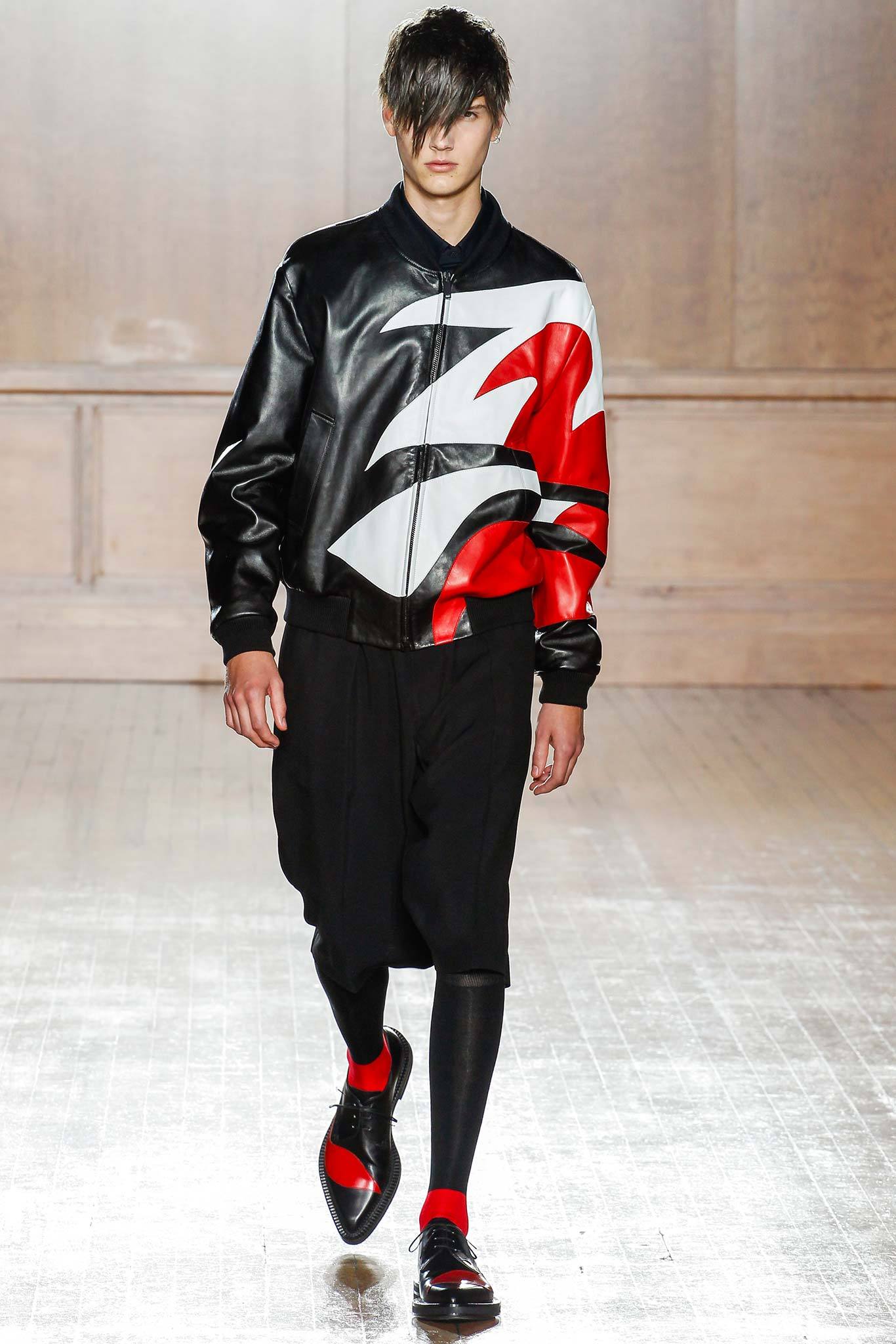 black leather jacket with color-blocked design