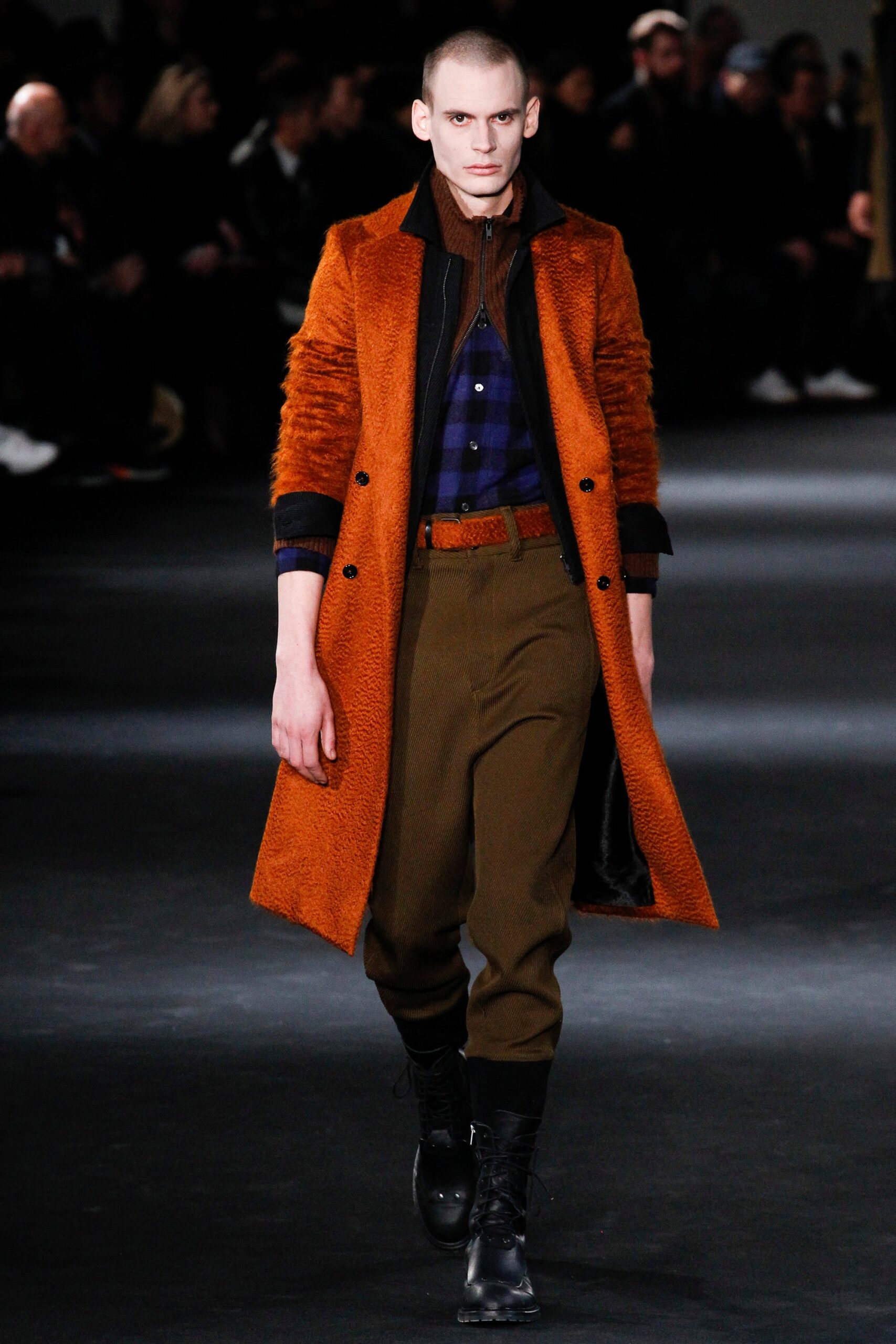 orange fur coat with blue shirt