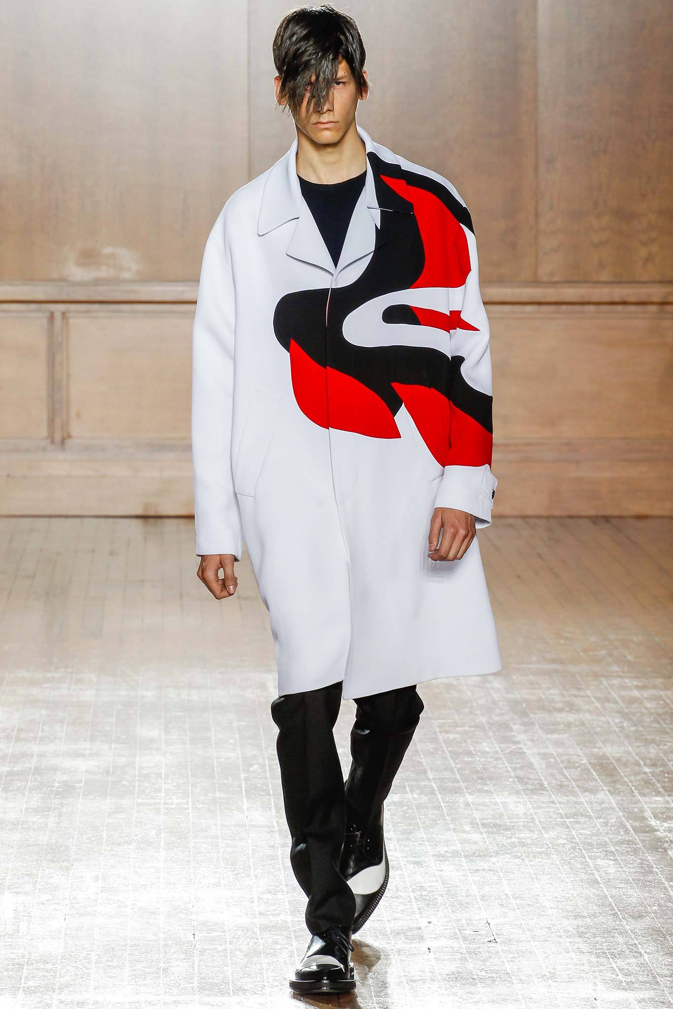 color-blocked white coat with black pants