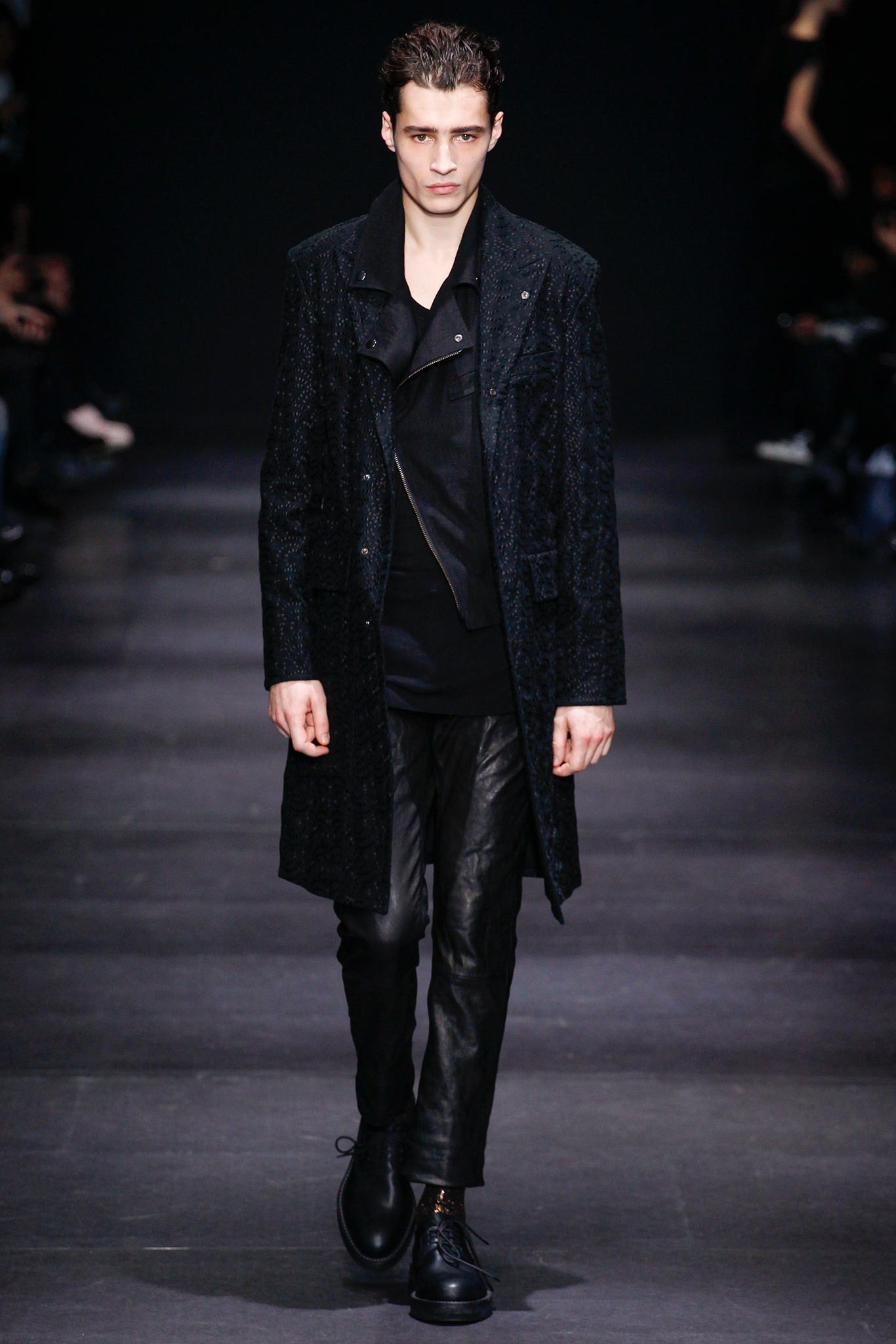 black wool coat with leather pants