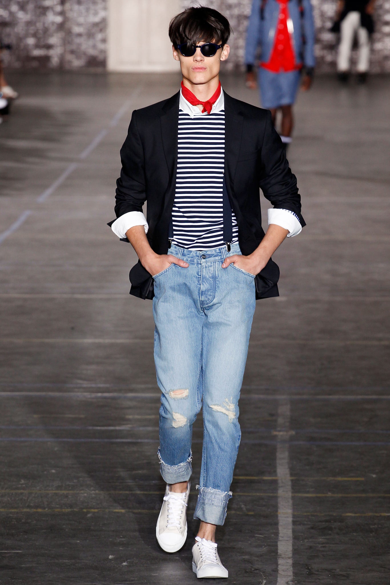 black blazer with striped shirt