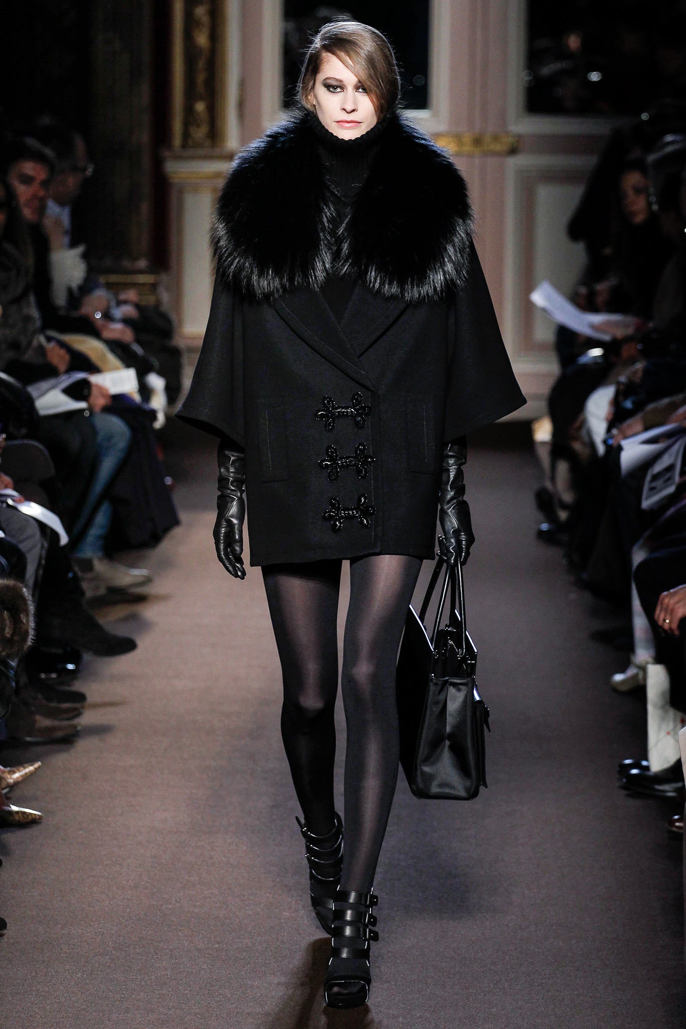 black wool long-sleeve collared structured buttoned short cape