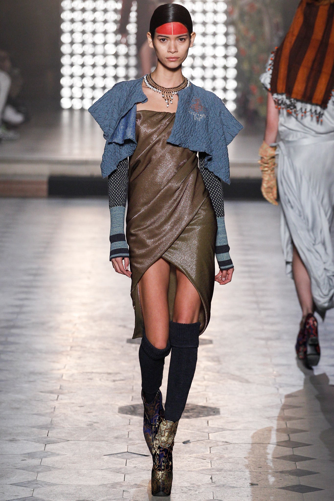 brown silk fitted dress with denim jacket