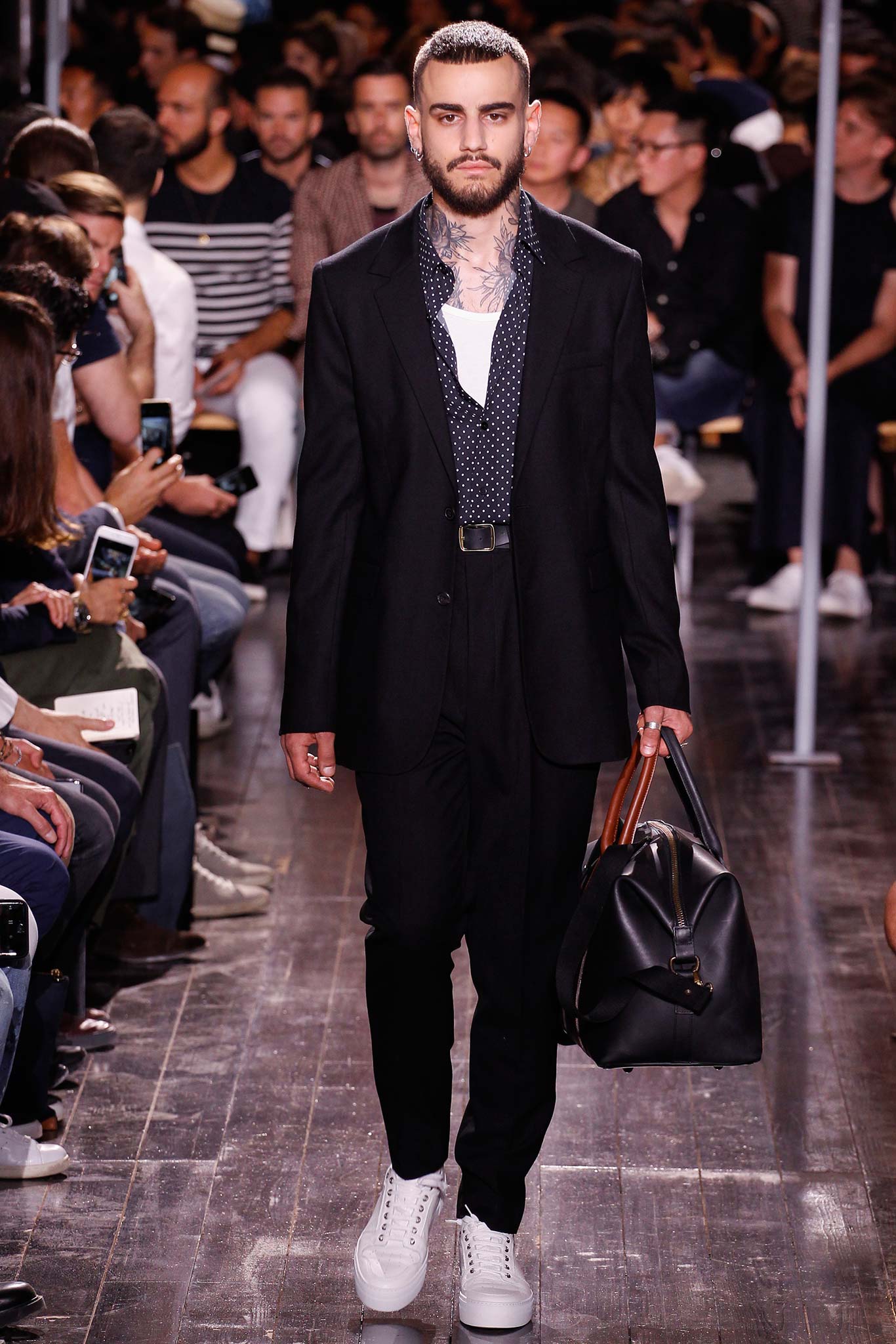 black tailored suit with printed shirt
