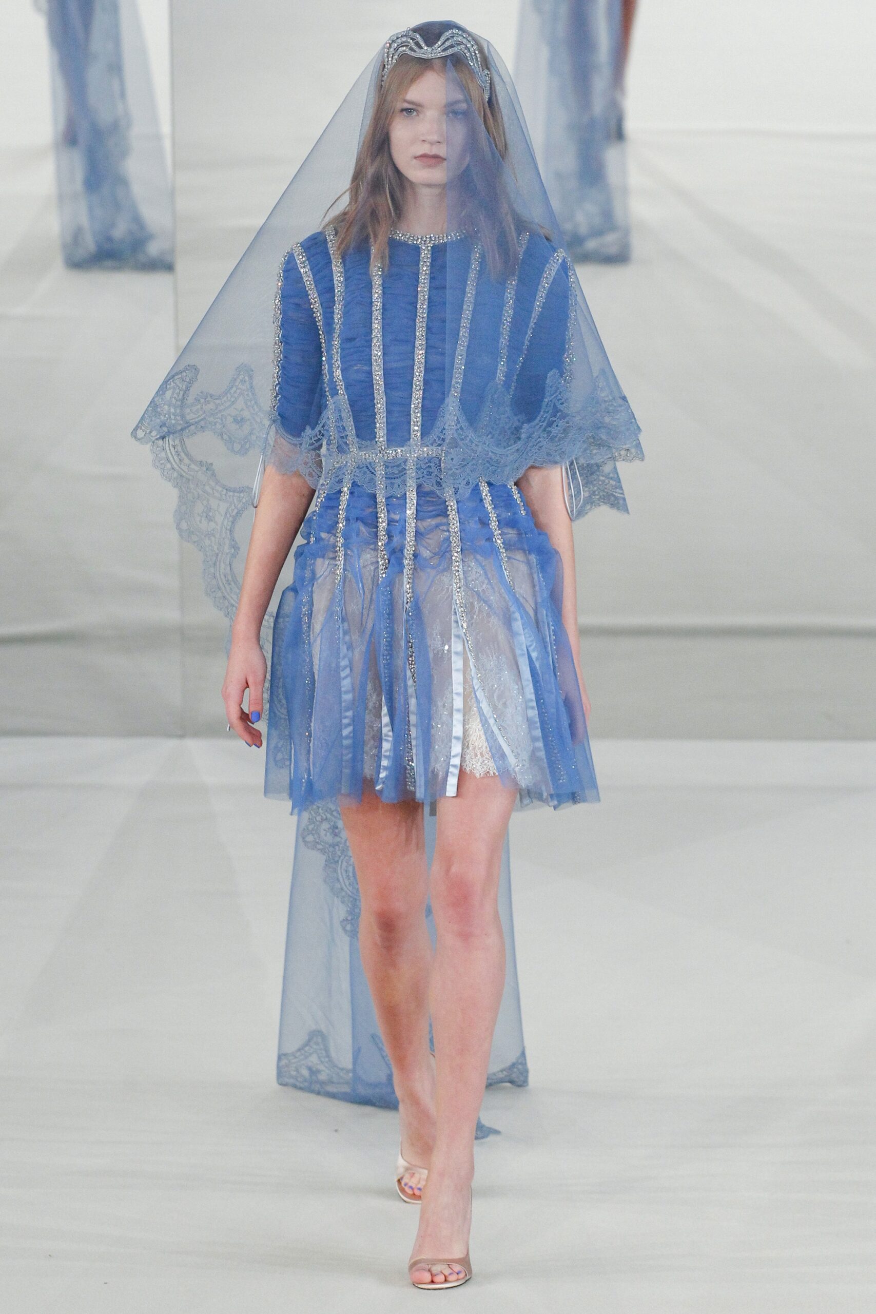 blue silk sleeveless v-neck fitted layered embellished dress