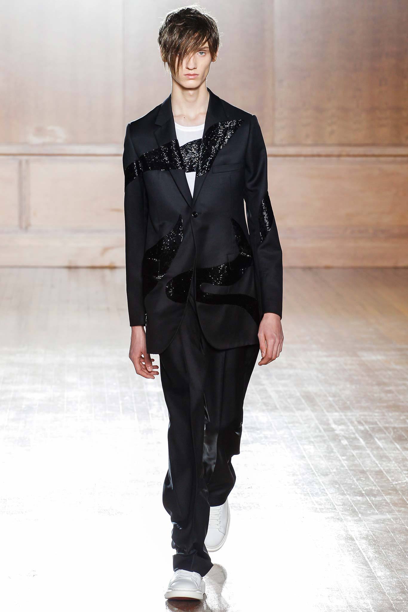 black silk long-sleeve collared tailored zippered embellished suit