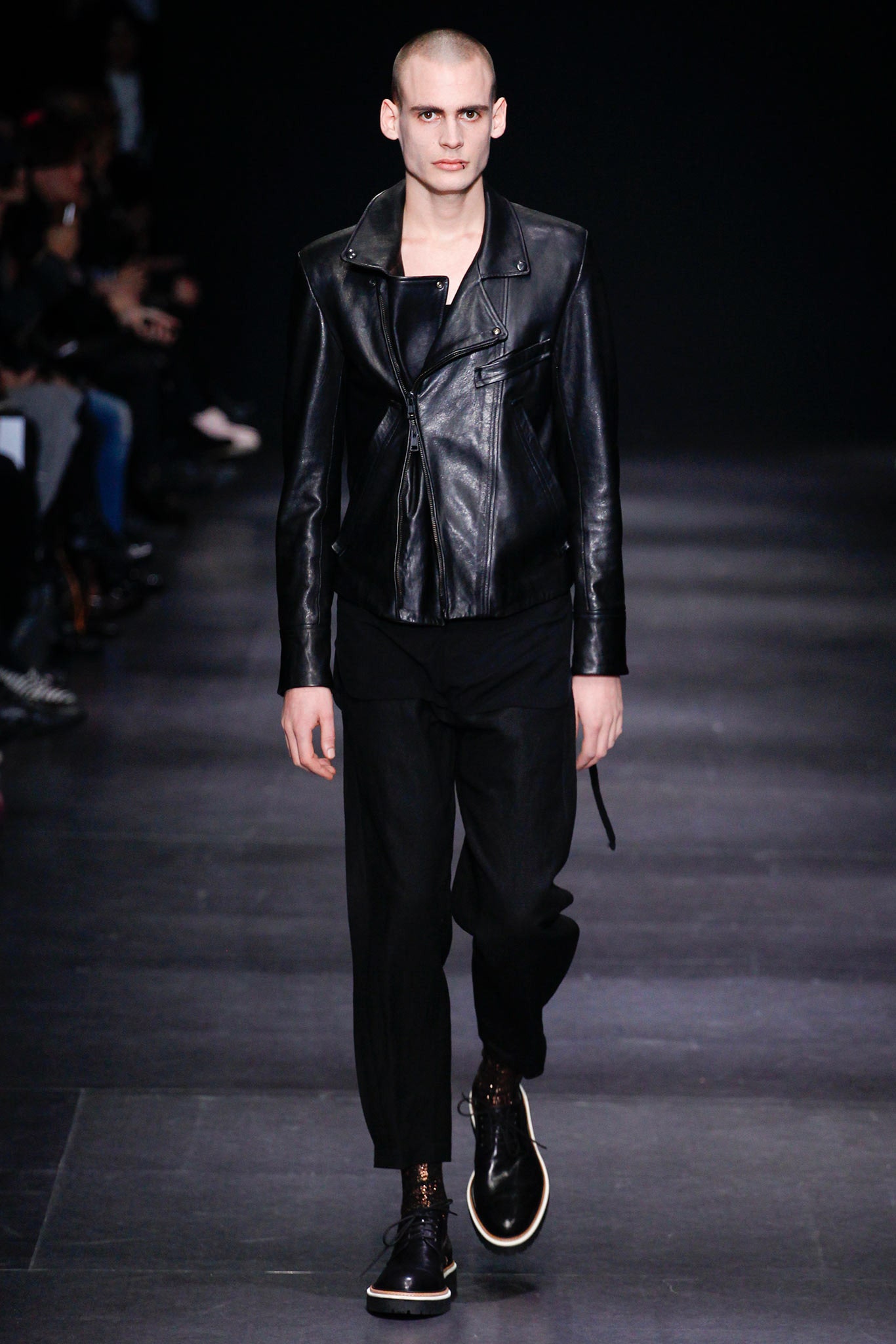 black leather fitted jacket with relaxed pants