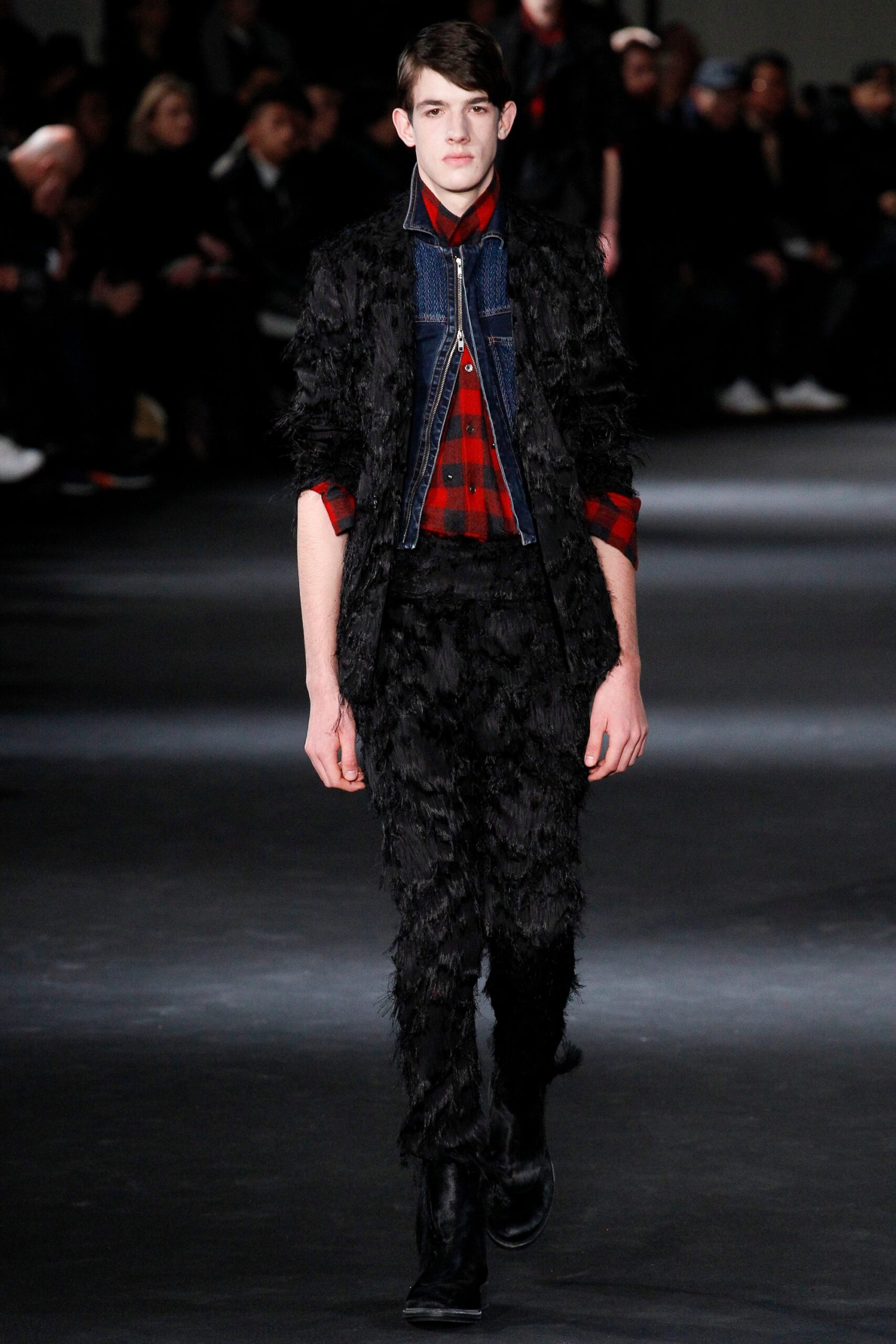 black fur jacket with checked shirt