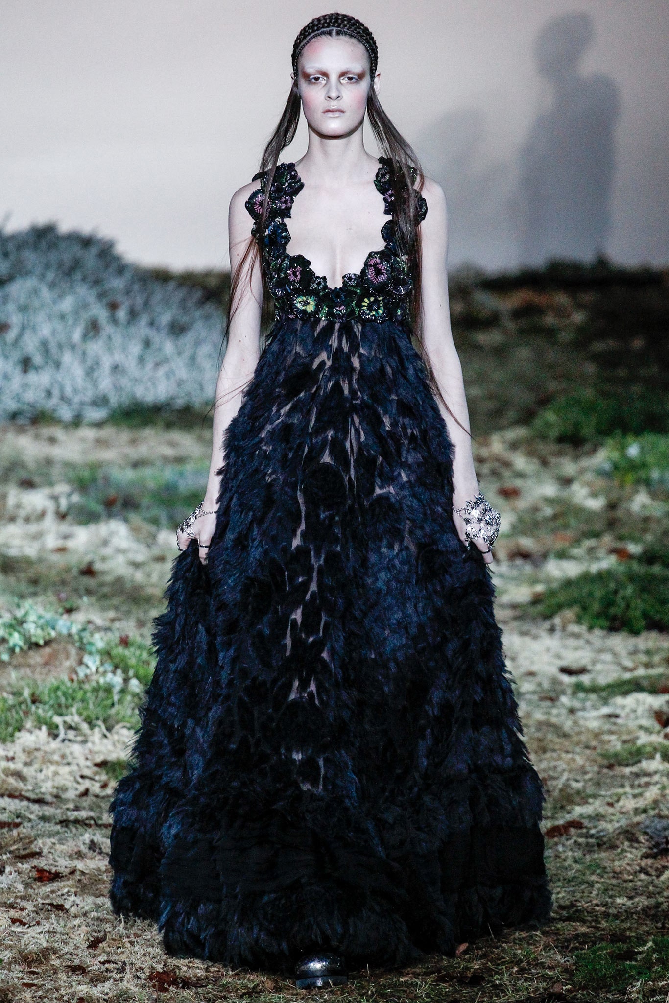 black feather embellished gown