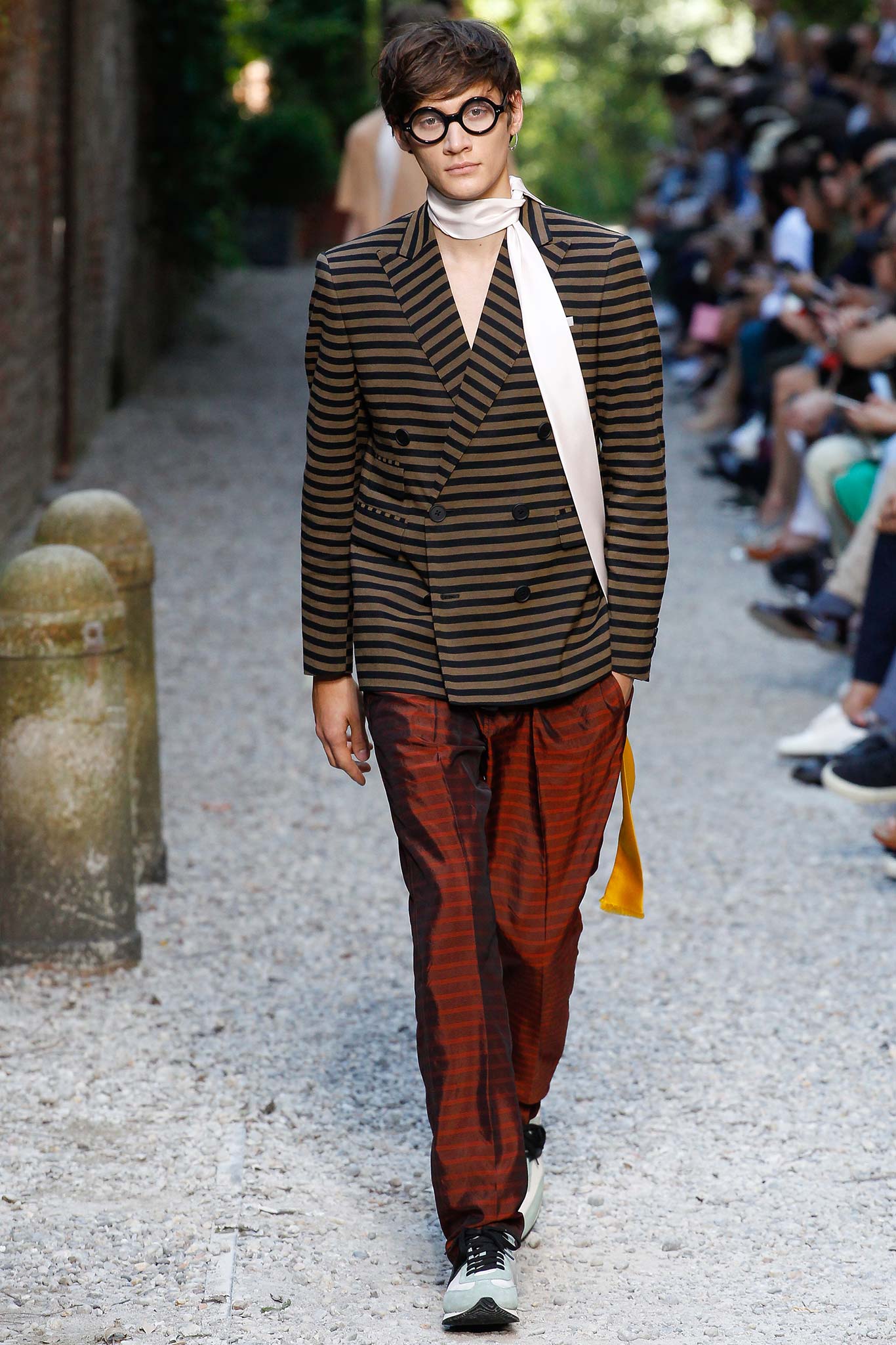 striped brown blazer with relaxed pants