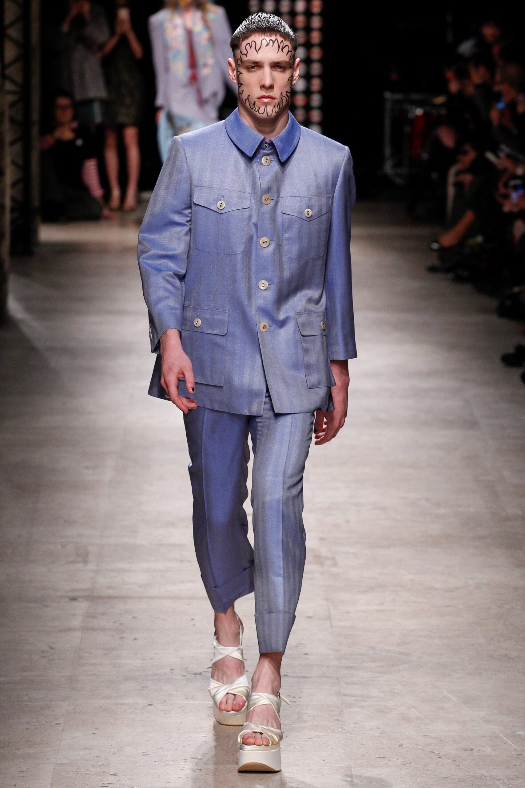 blue cotton long-sleeve collared tailored buttoned straight-leg suit