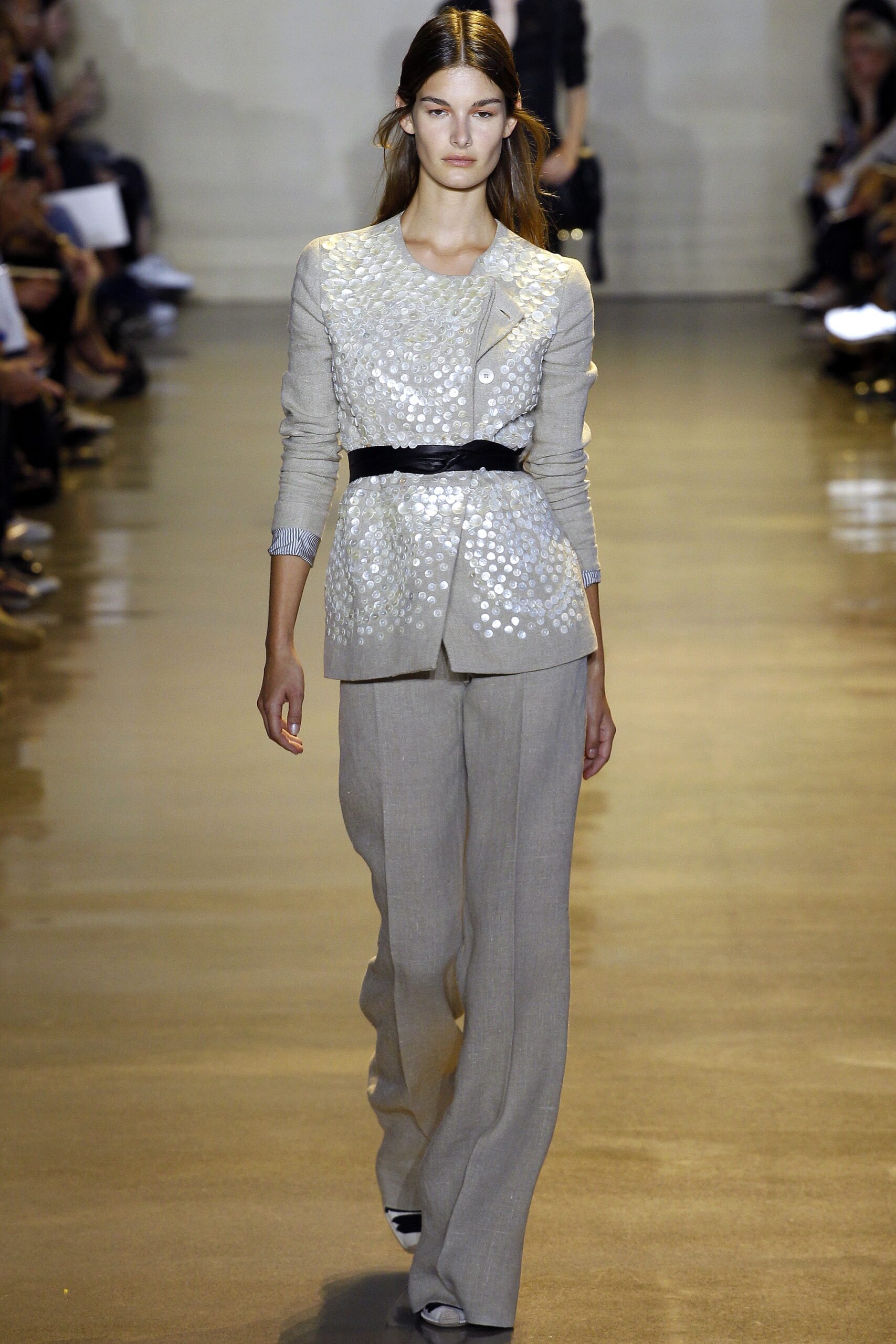 beige silk long-sleeve collared tailored embroidered blazer