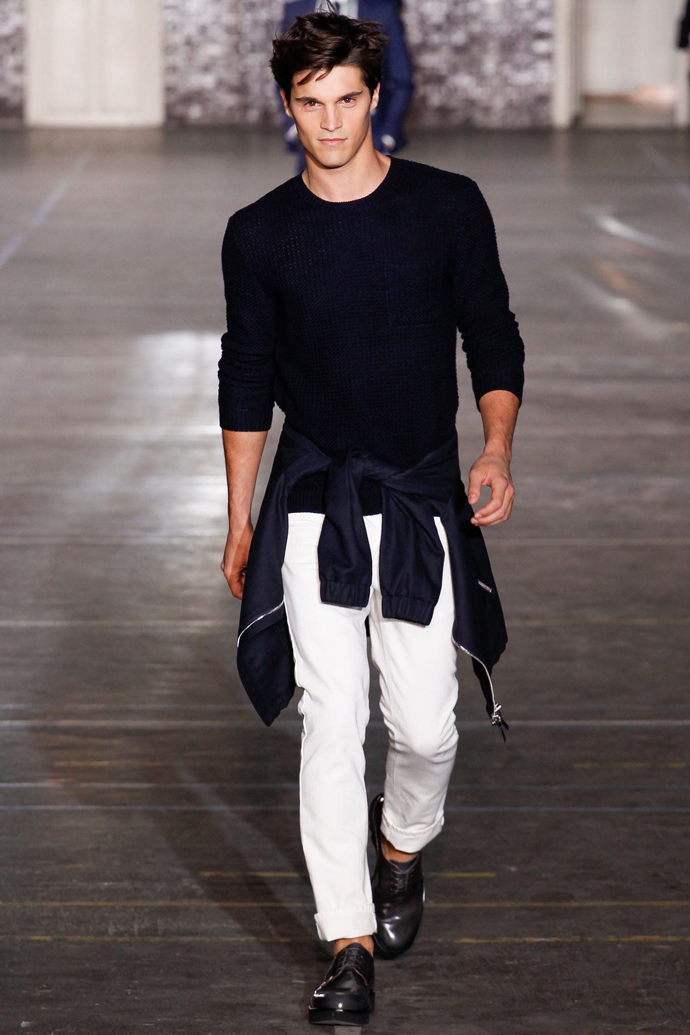 navy sweater with white pants