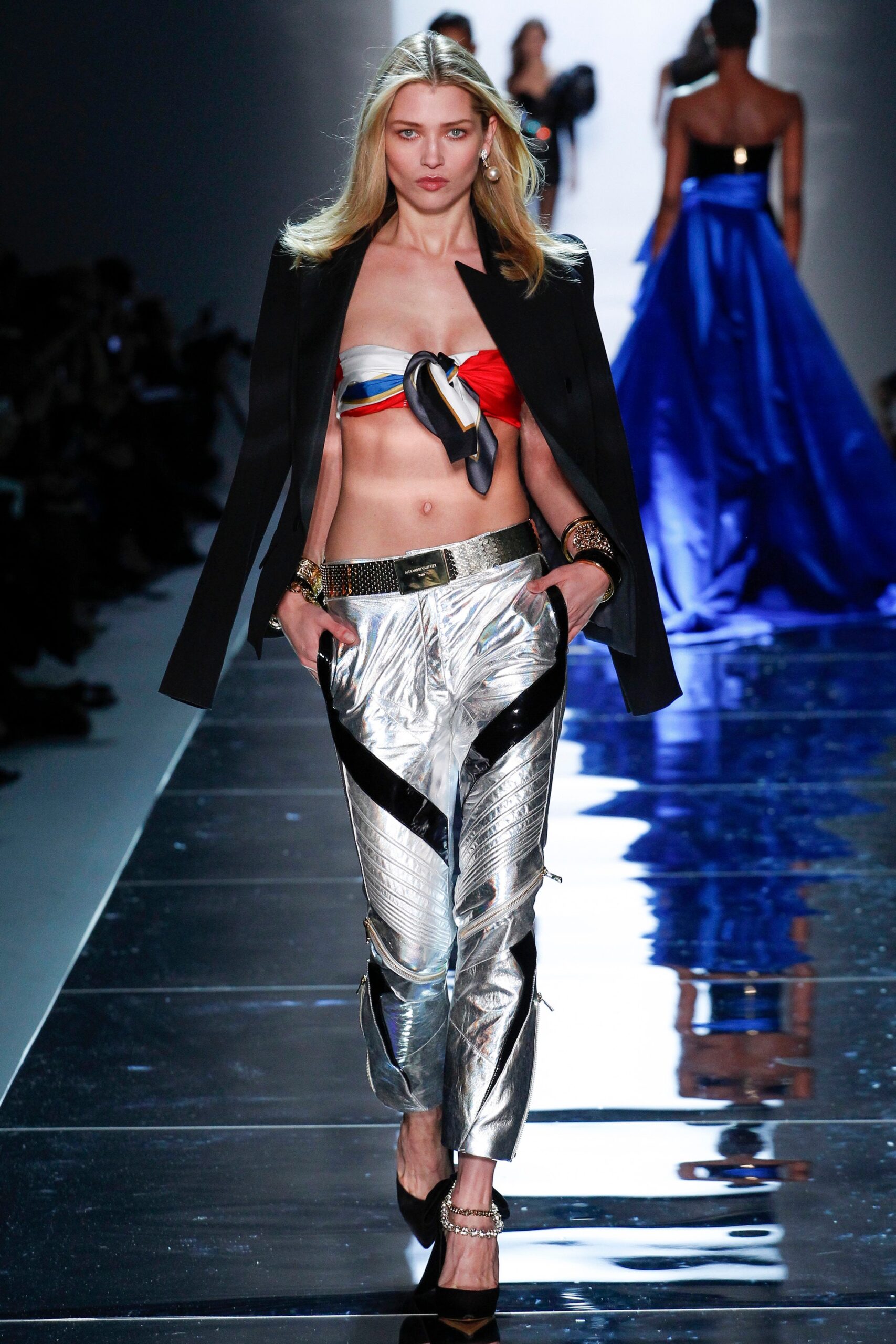 black blazer silver pants color-blocked top