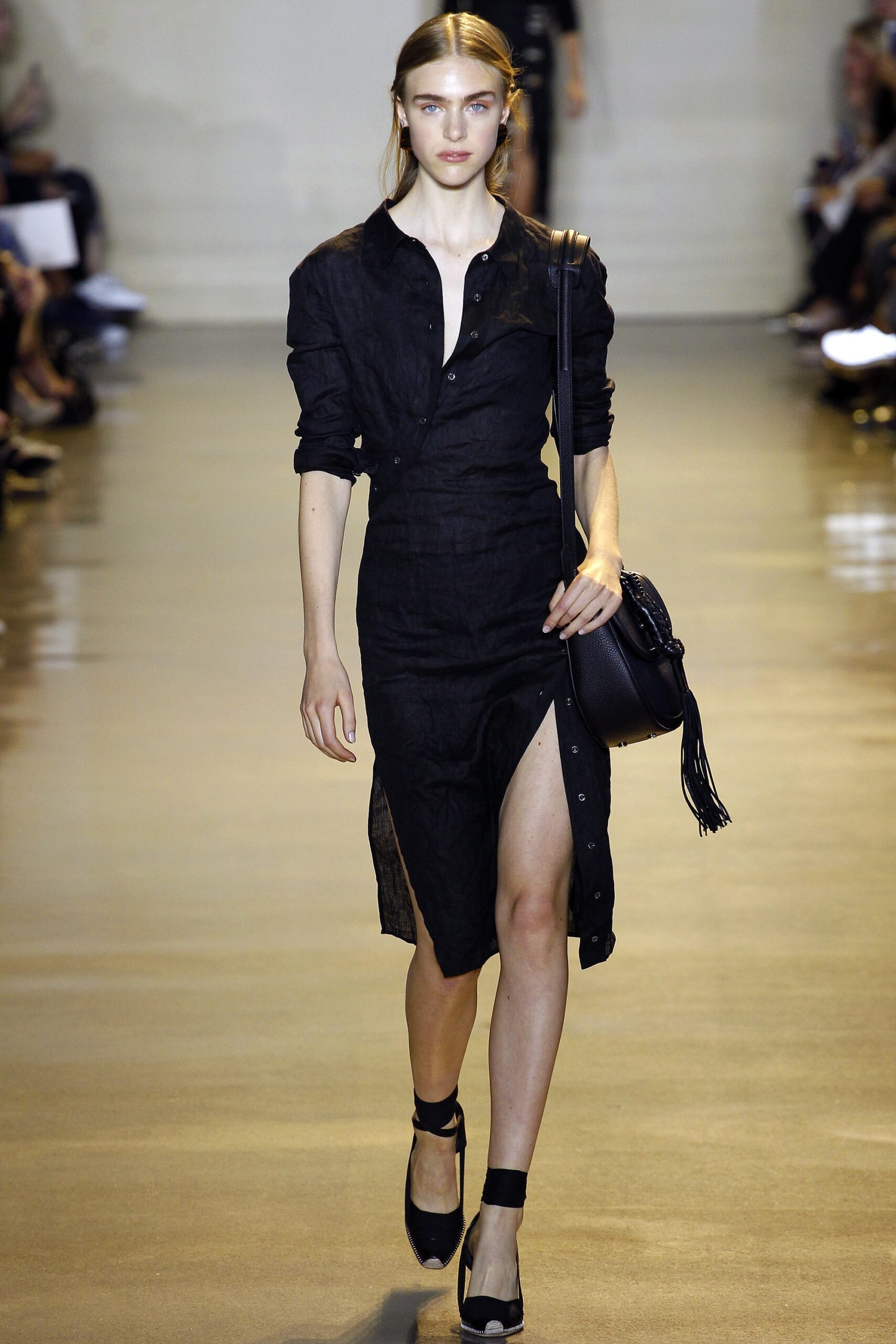 black cotton long-sleeve collared fitted buttoned a-line dress