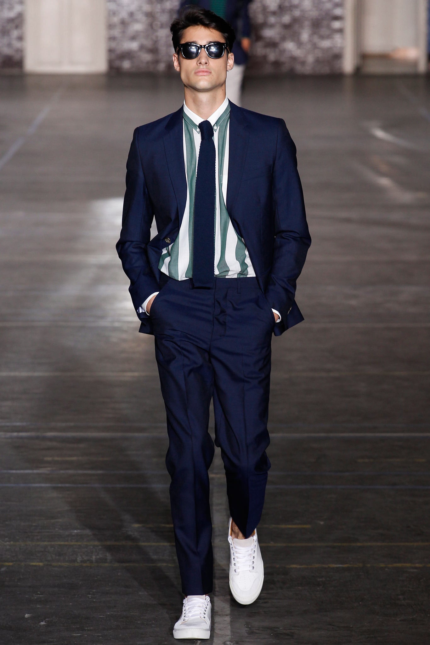 navy tailored suit with striped shirt