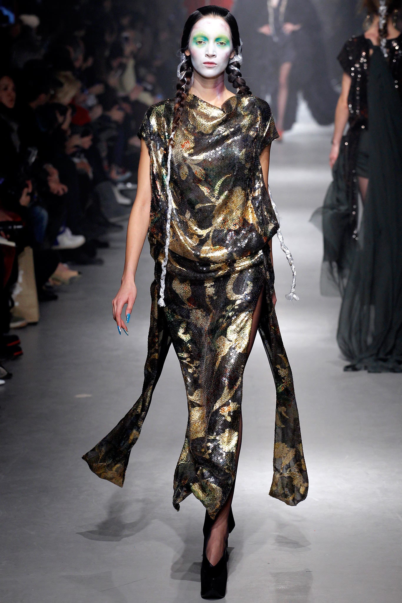 gold and black draped midi dress