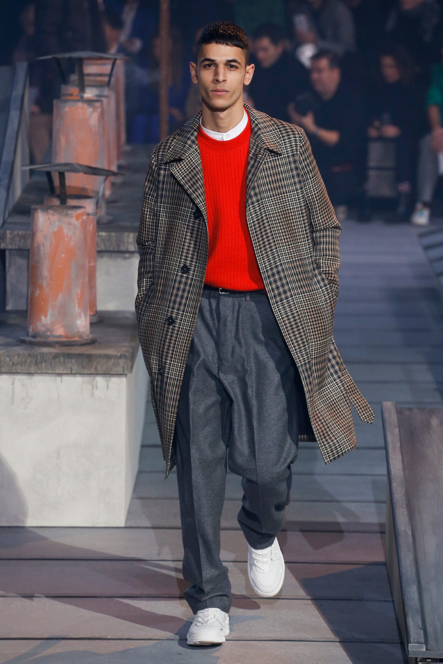 brown checked coat with red sweater