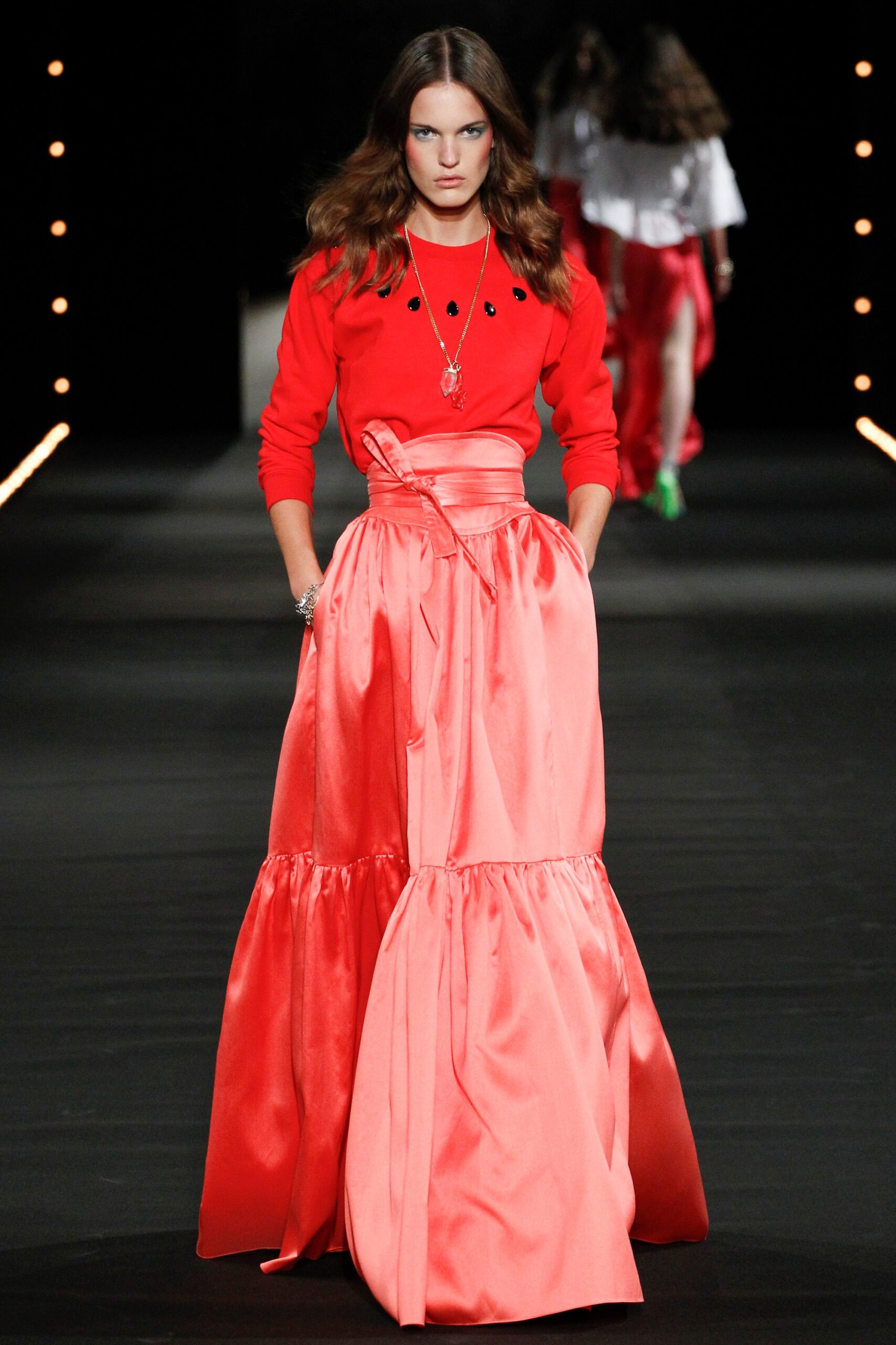 red fitted top with coral maxi skirt