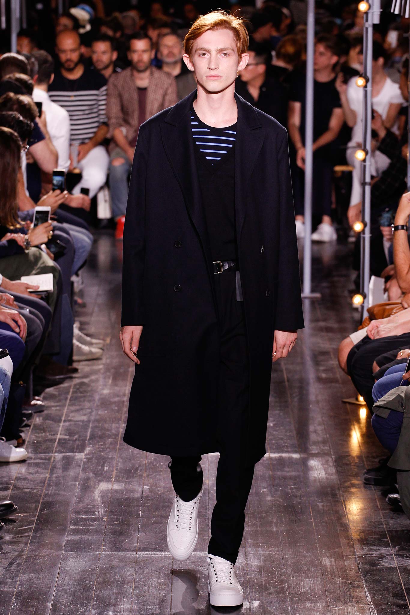black coat with striped shirt