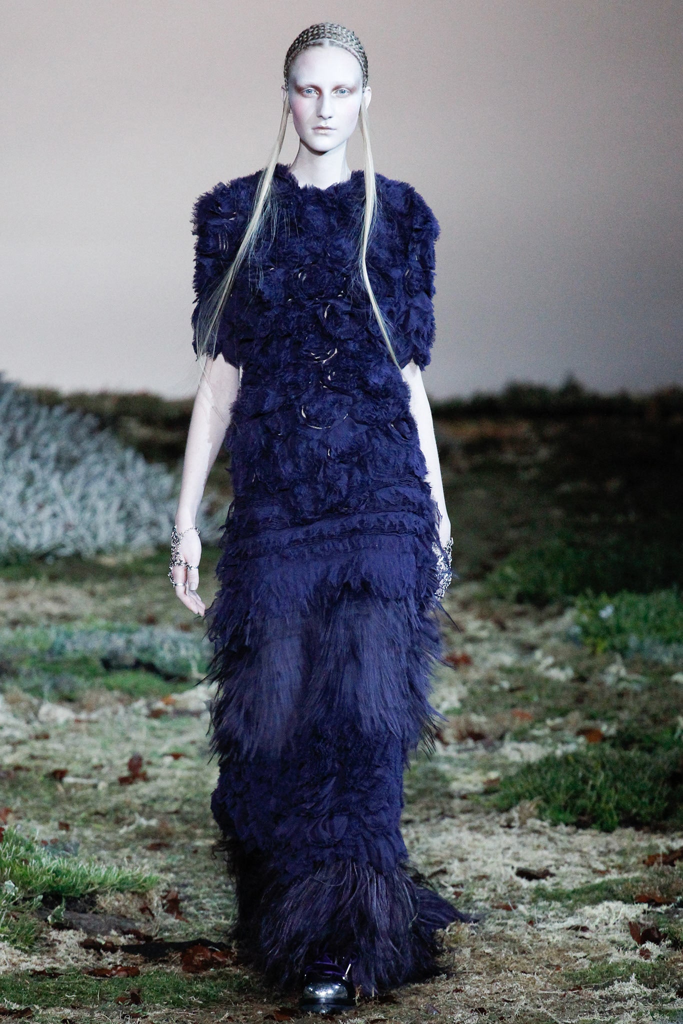 blue silk fringed gown