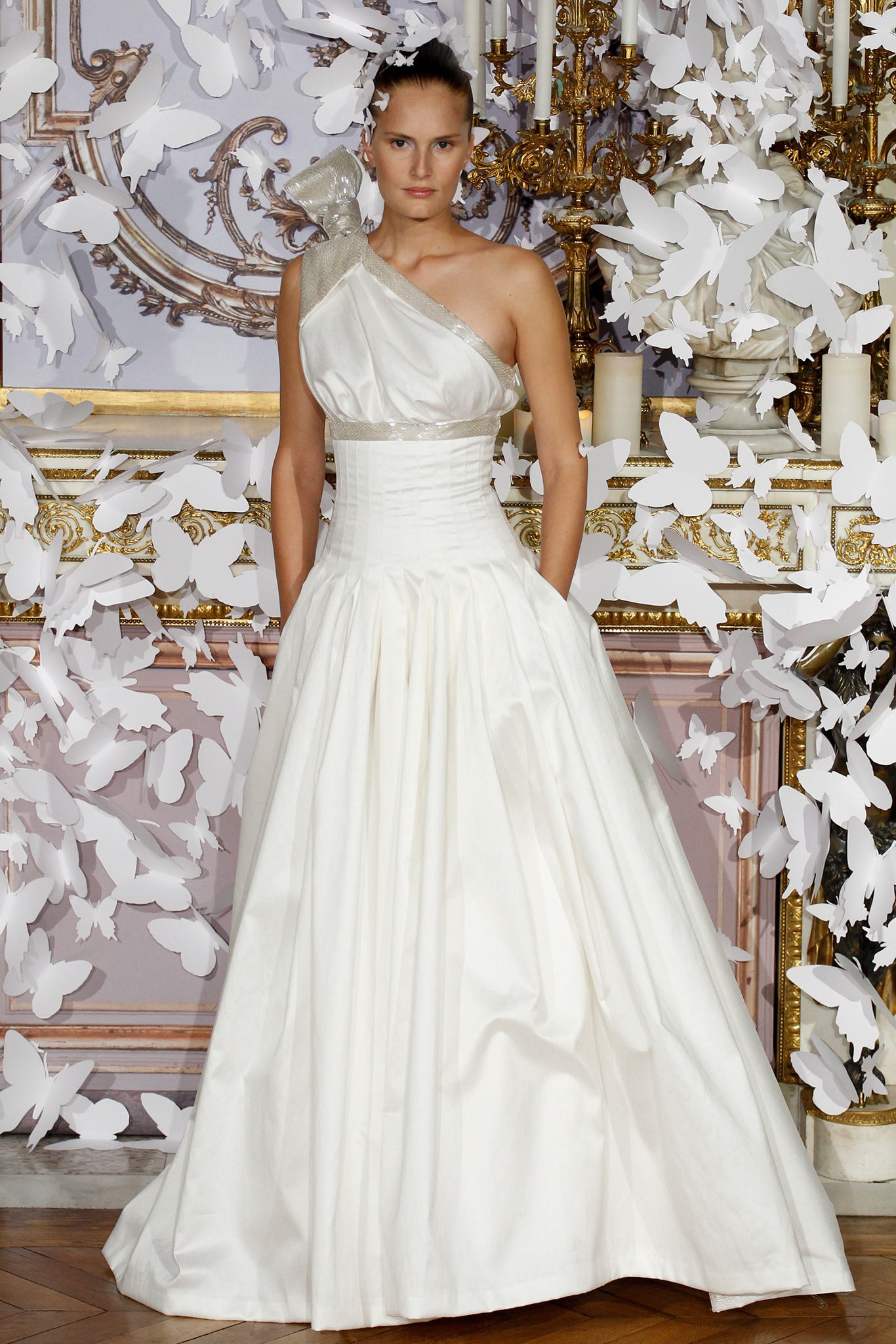 white silk one-shoulder gown